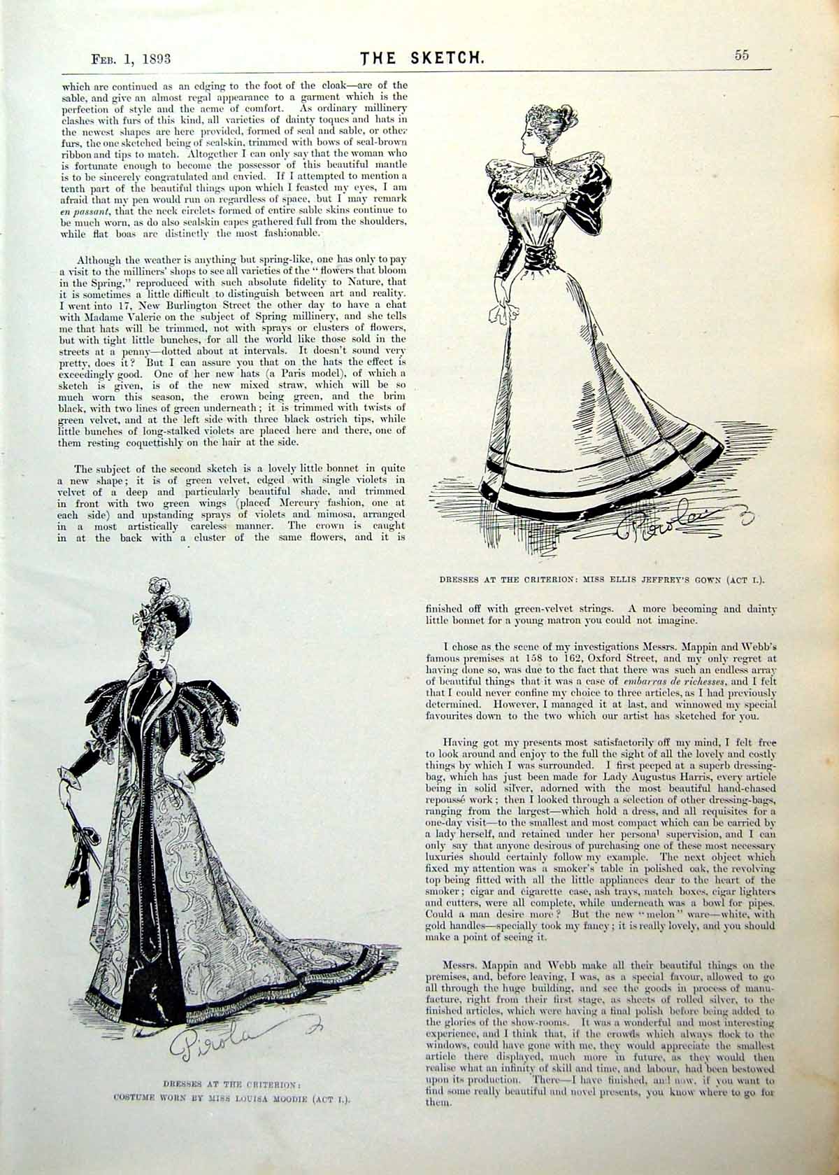 Old Antique Print Dresses Criterion Gowns Act I Cloak Act Ii Enson 1893 0 19th