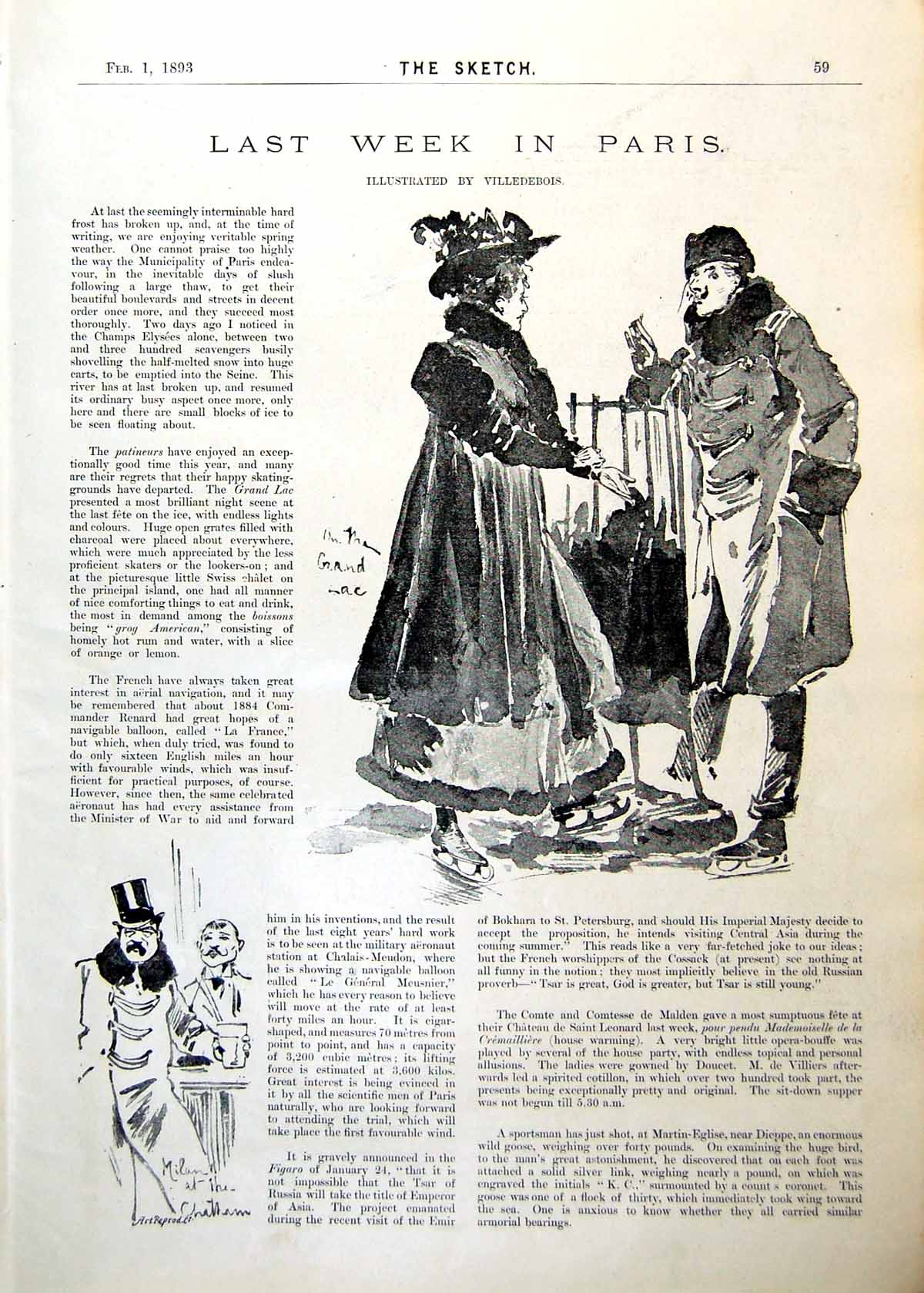 Antique Print Last Week Paris Villedebois Ice Skating After Wild Fowl 1893 0