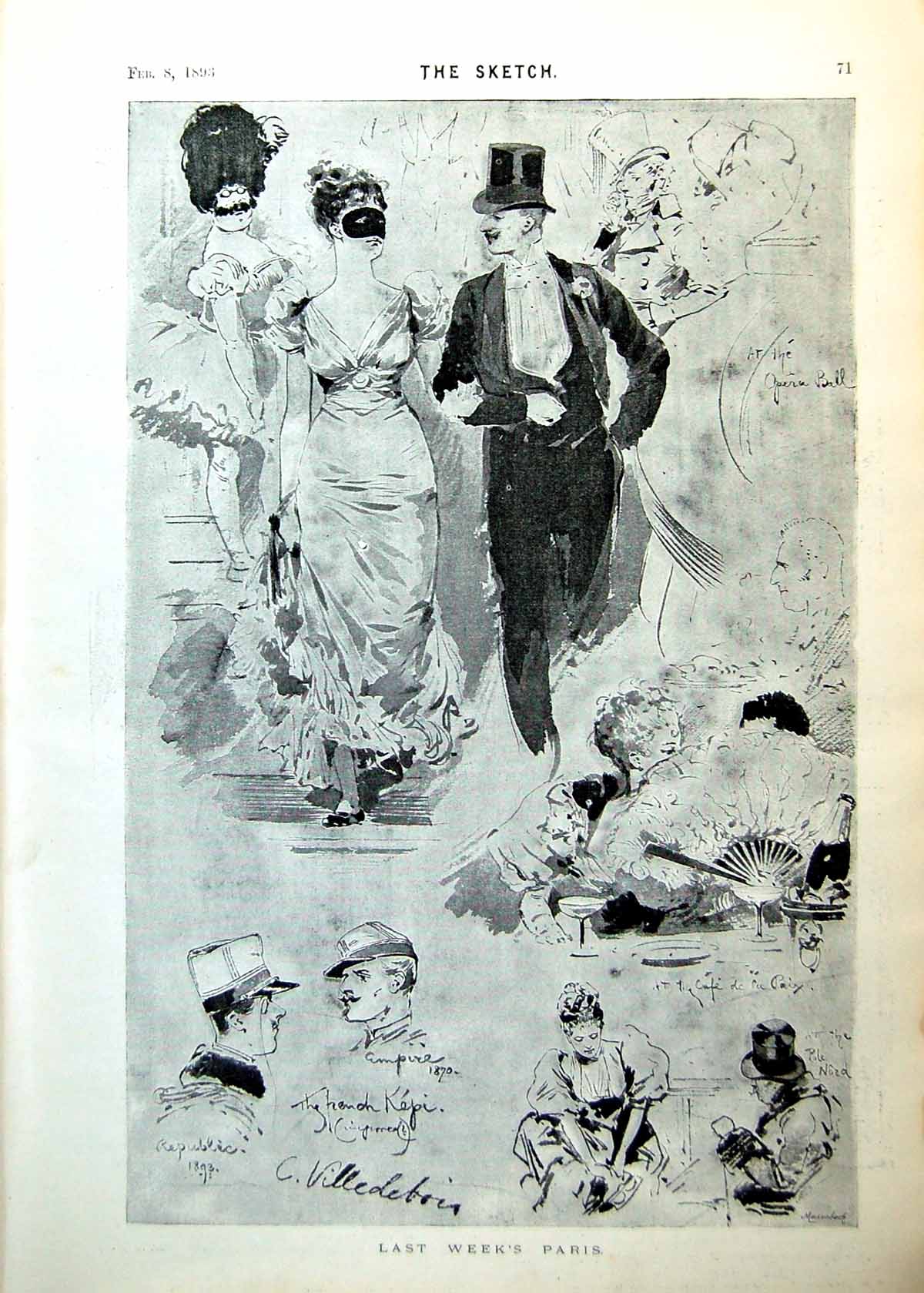 Old Antique Print Paris Masked Ball Fan Siers Becket Lyceum Scenes 1893 0 19th