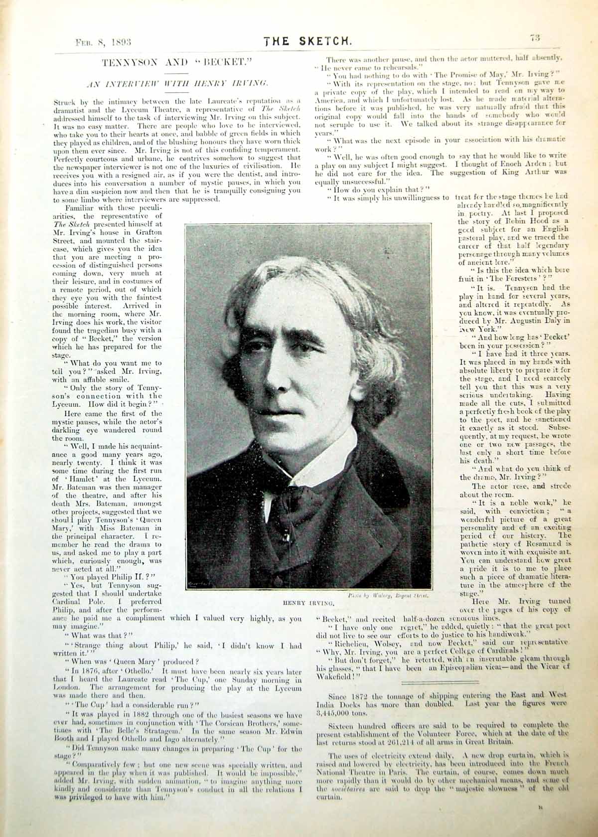Old Antique Print Henry Irving Actor Portrait Photograph Interview 1893 19th