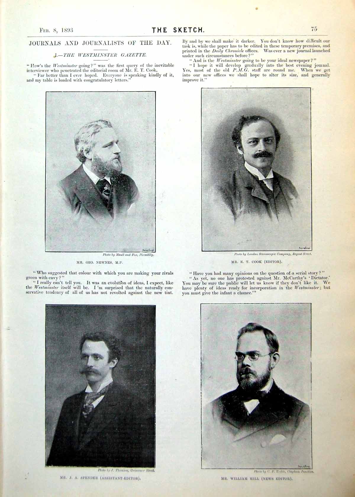 Antique Old Print Journalists Newnes Cook Spender Hill Parliament P May 1893 0