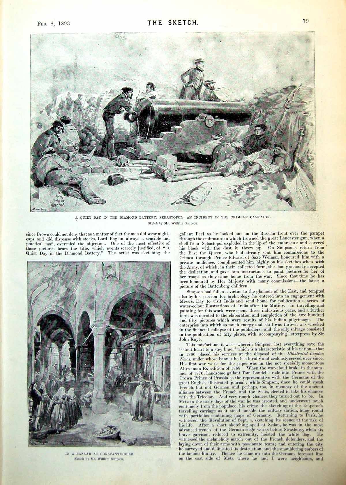 Antique Old Print Diamond Battery Sebastopol Funeral Empress Abyssinia 1893 0
