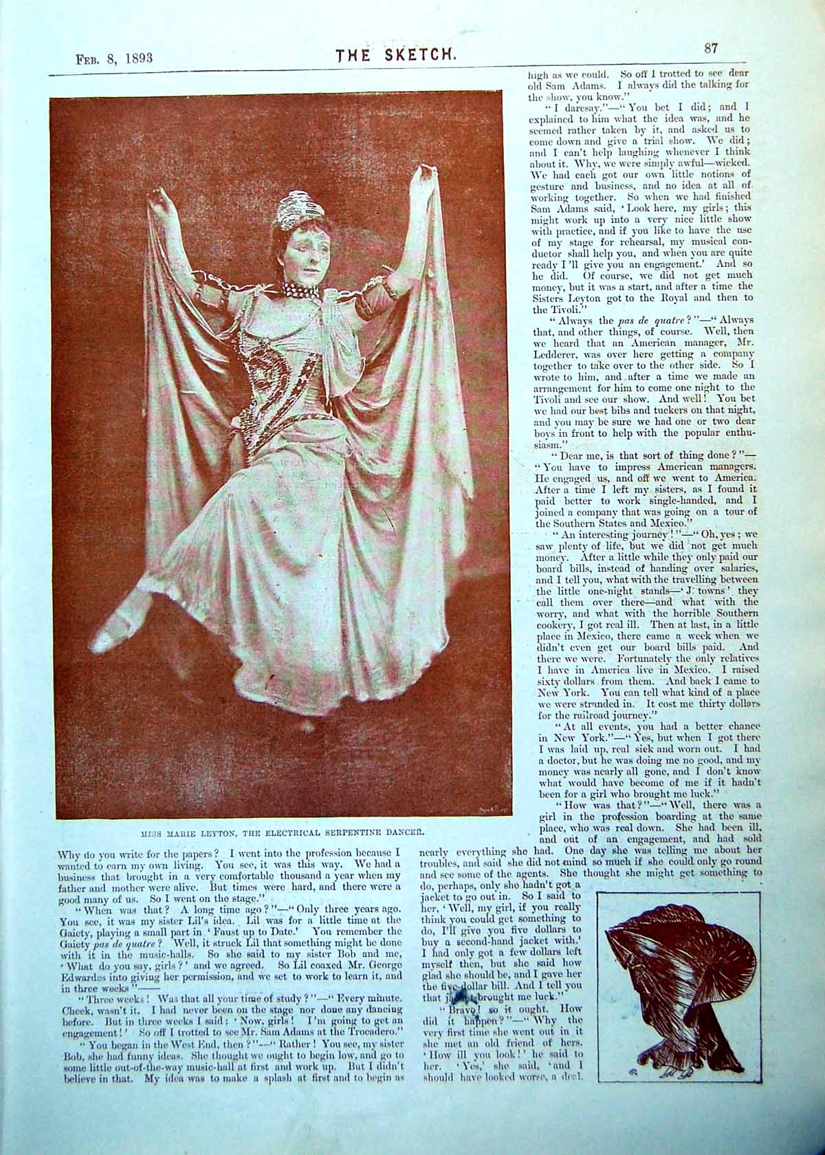Antique Old Print Miss Marie Leyton Serpentine Dancer Dress Billowing 1893 0