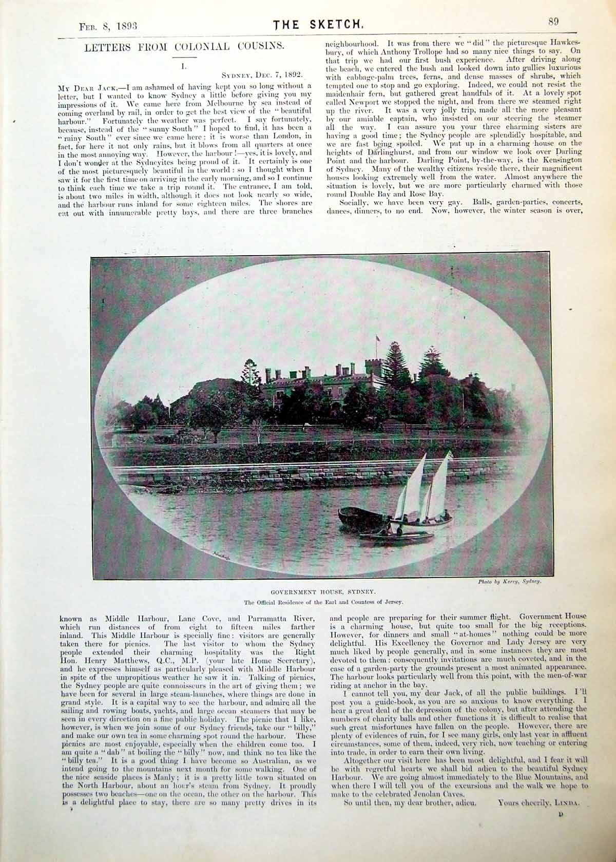 Antique Old Print Government House Sydney Lady Hing Letter Man Piano 1893 0 19th
