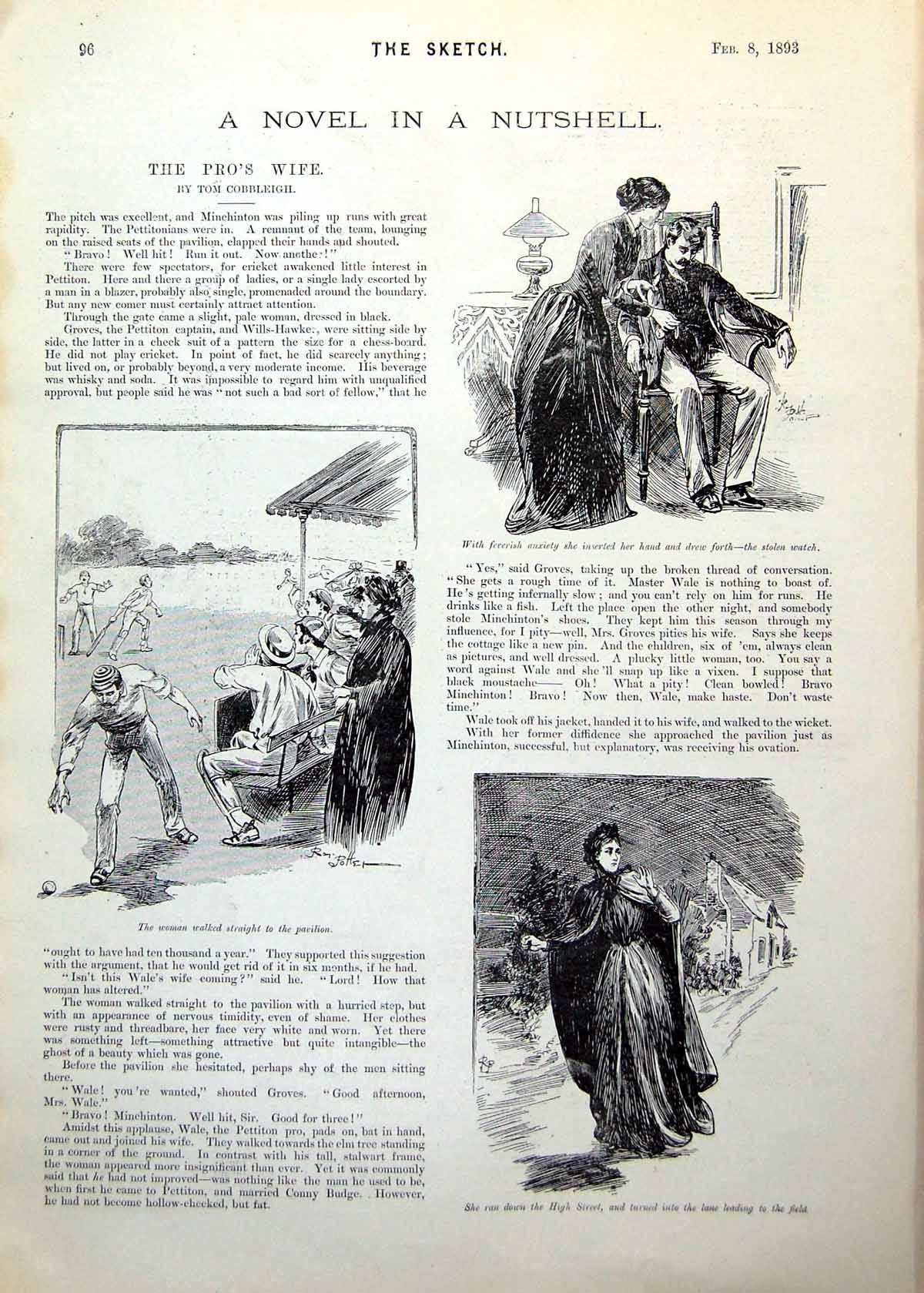 Antique Print Novel Illustrations Cricket Match Stolen Watch Lady Runs 1893