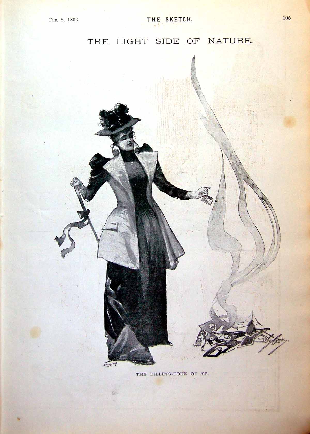 Antique Old Print Lady Bonfire Billets-Doux 92 Doctor Treating Patient 1893