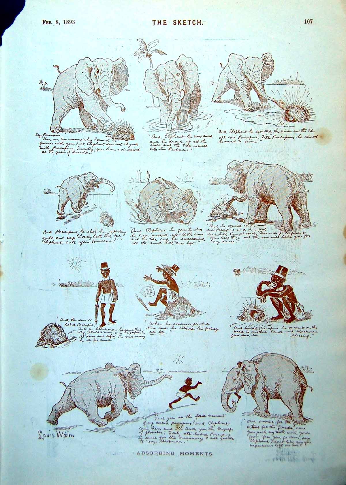 Old Print Elephant Bathing Porcupine Man Human Curiosities Changing 1893 19th