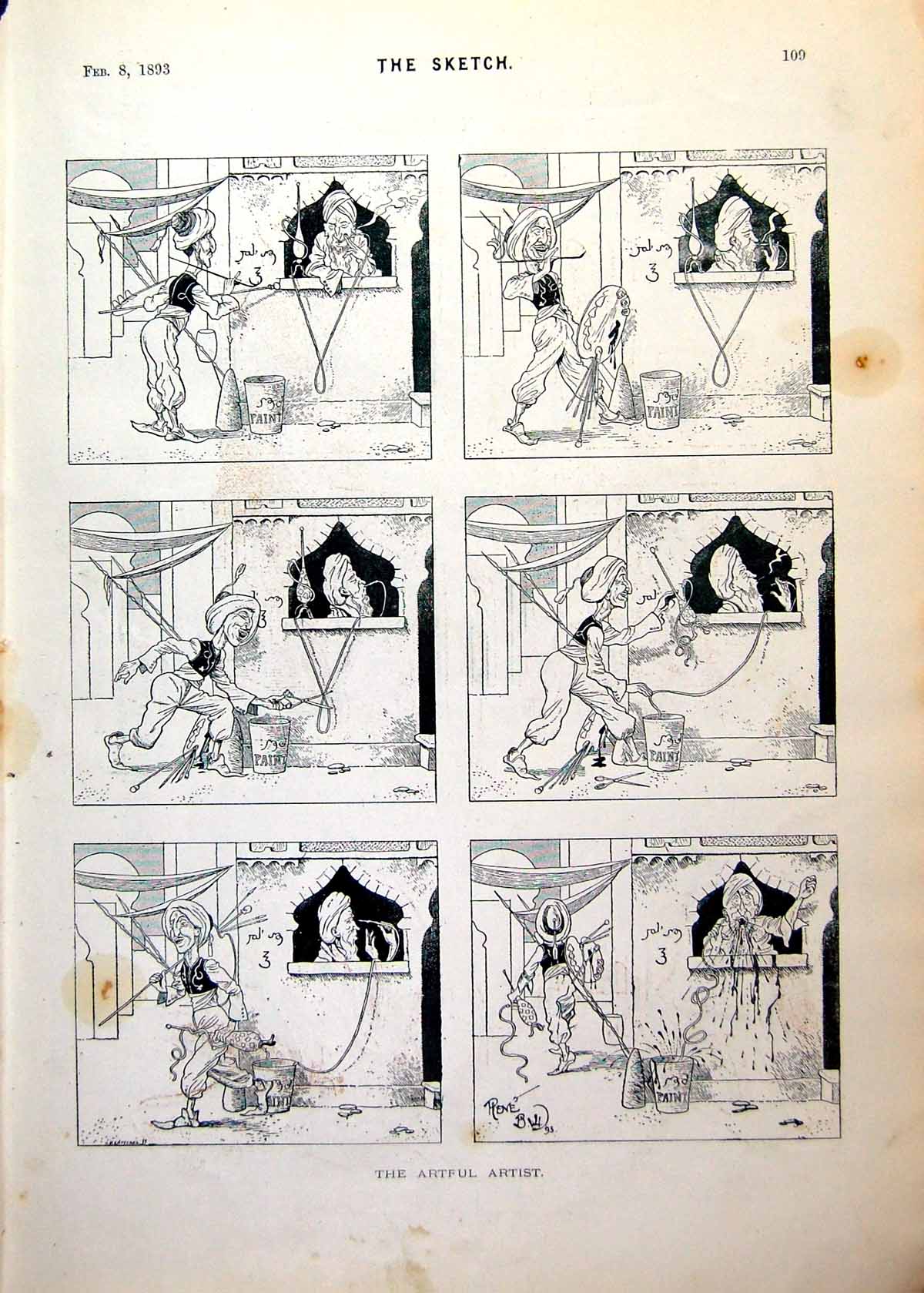 Old Print Artful Artist Replaces Mans Smoking Insect Dance Boy Aunt 1893 19th