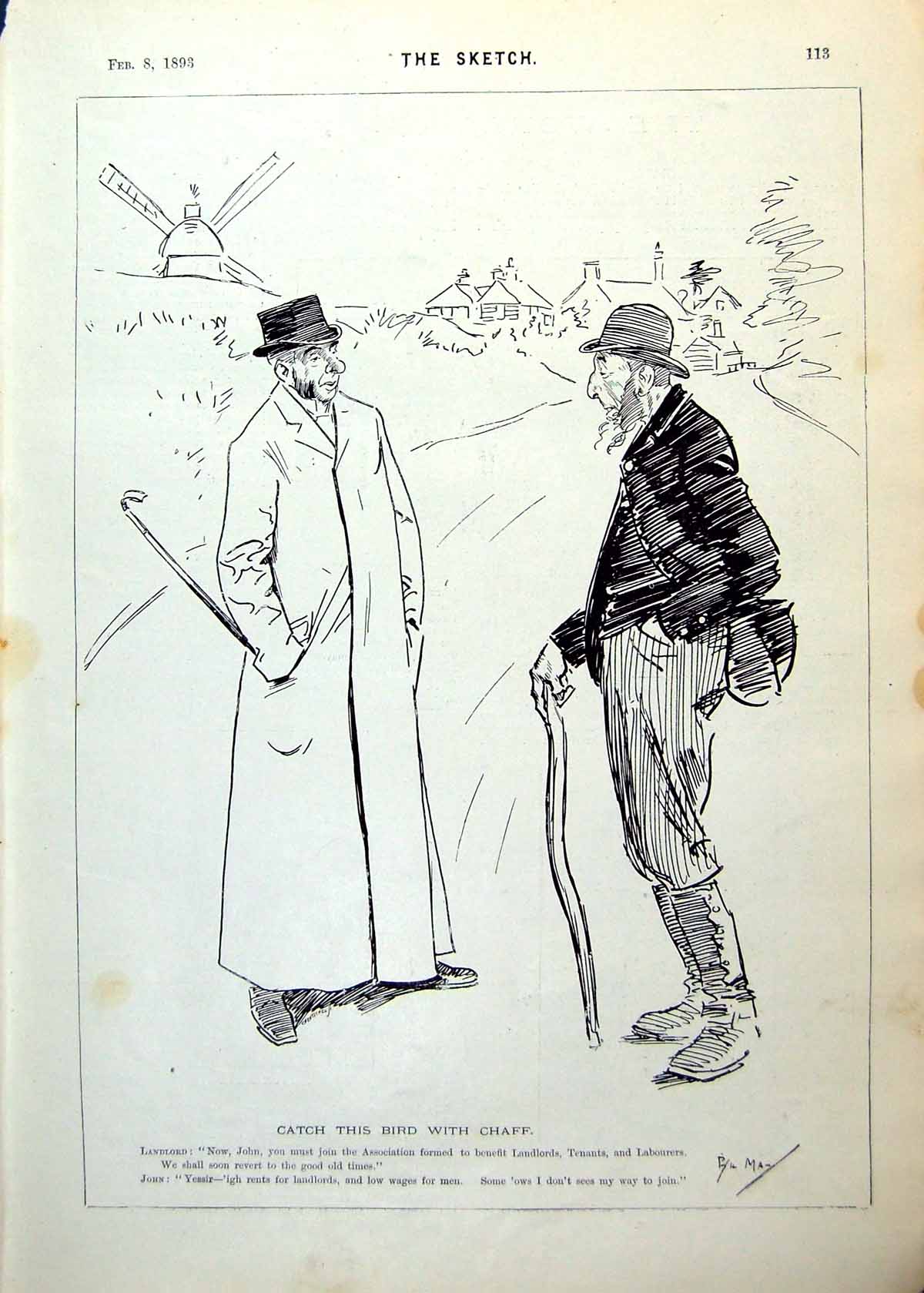 Antique Old Print Landlord Man Village Lane Windmill Football Scrummage 1893