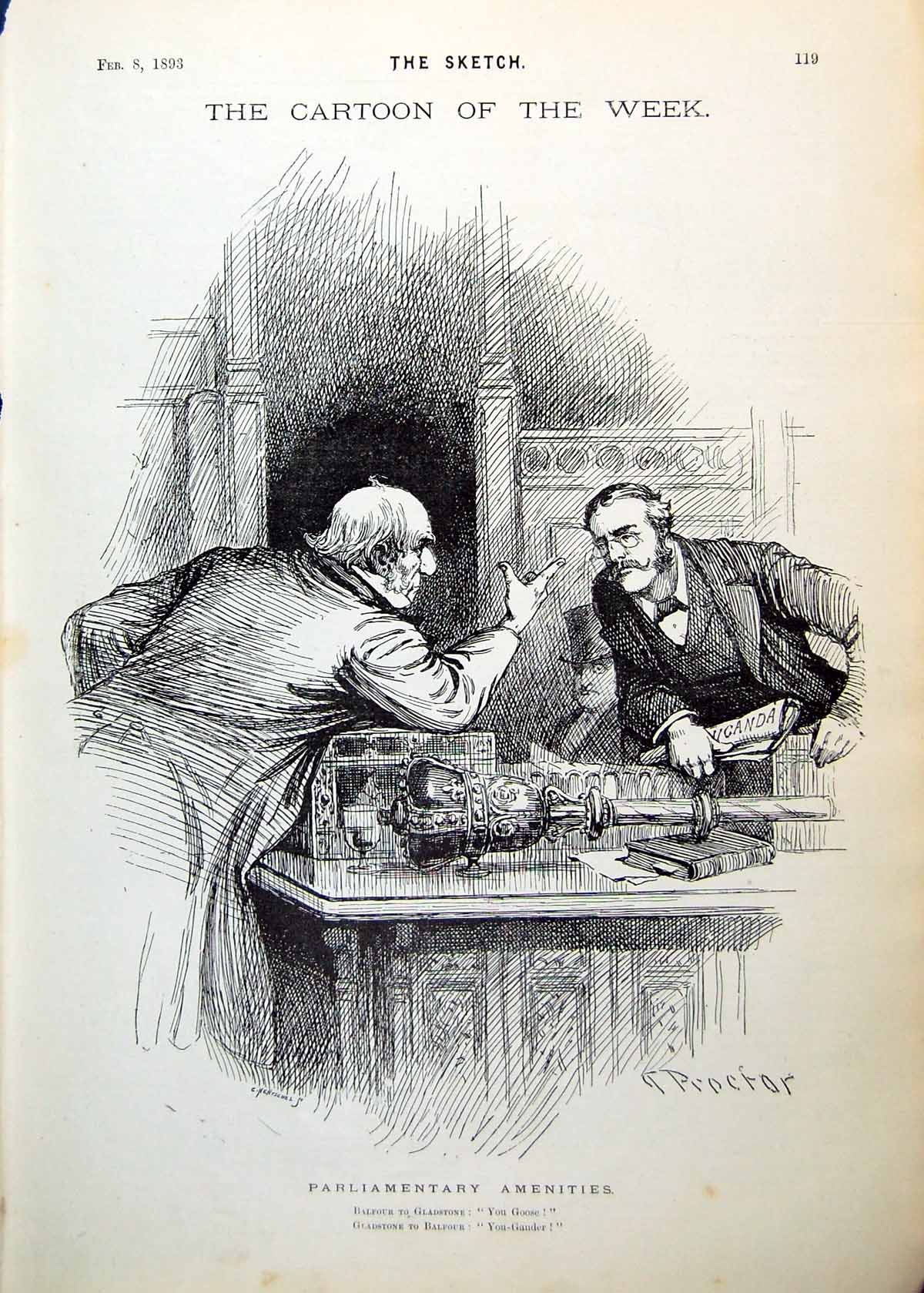 Old Antique Print Parliamentary Amenities Gladstone Balfour Argument 1893 19th