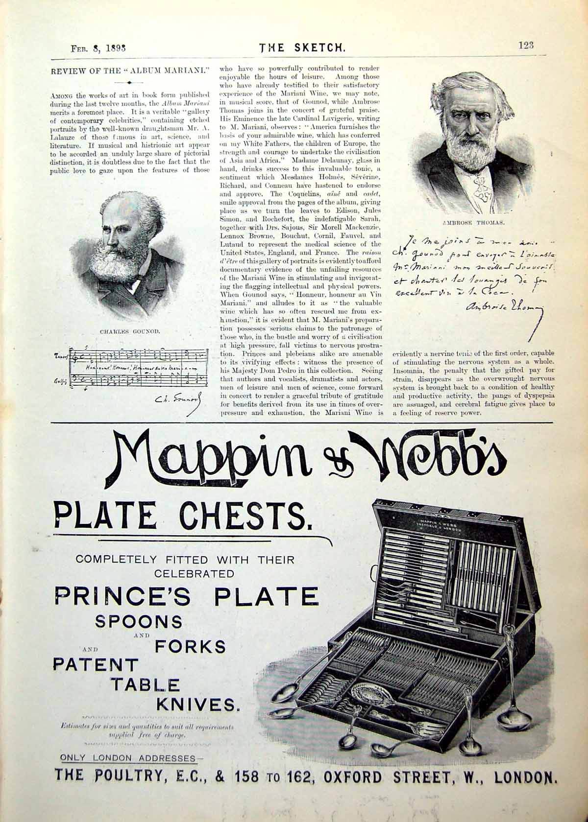 Antique Old Print Charles Gounod Ambrose Thomas Bovril Mappin Adverts 1893