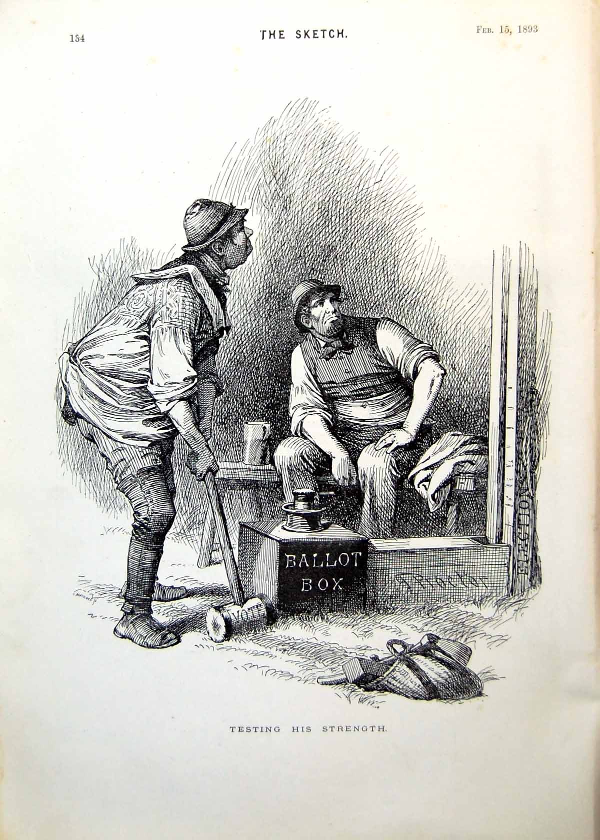 Antique Old Print Testing Strength Ballot Box Votes Last Week'S Paris 1893