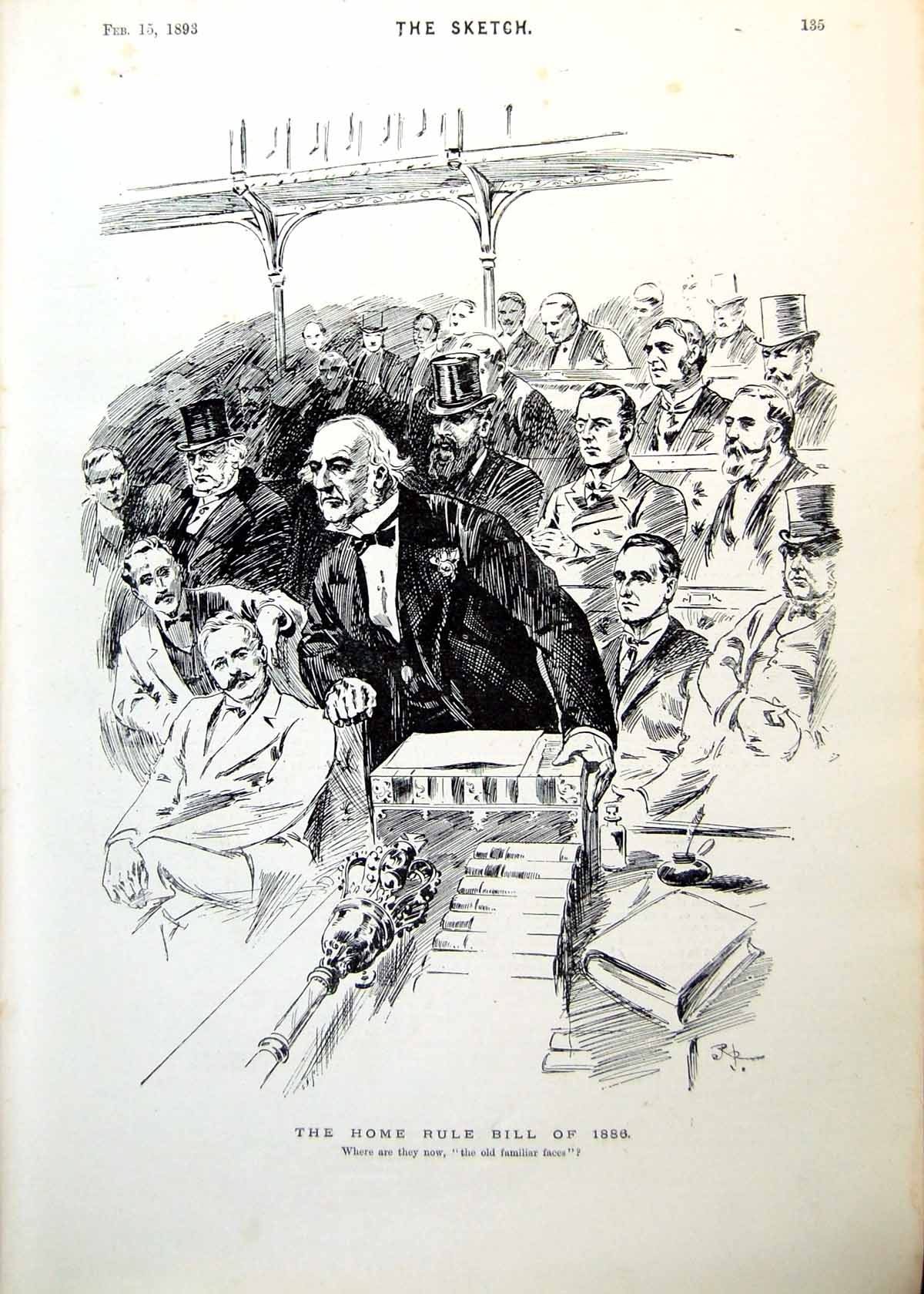 Original Old Antique Print Home Rule Bill 1886 Scene In Houses Parliament 1893
