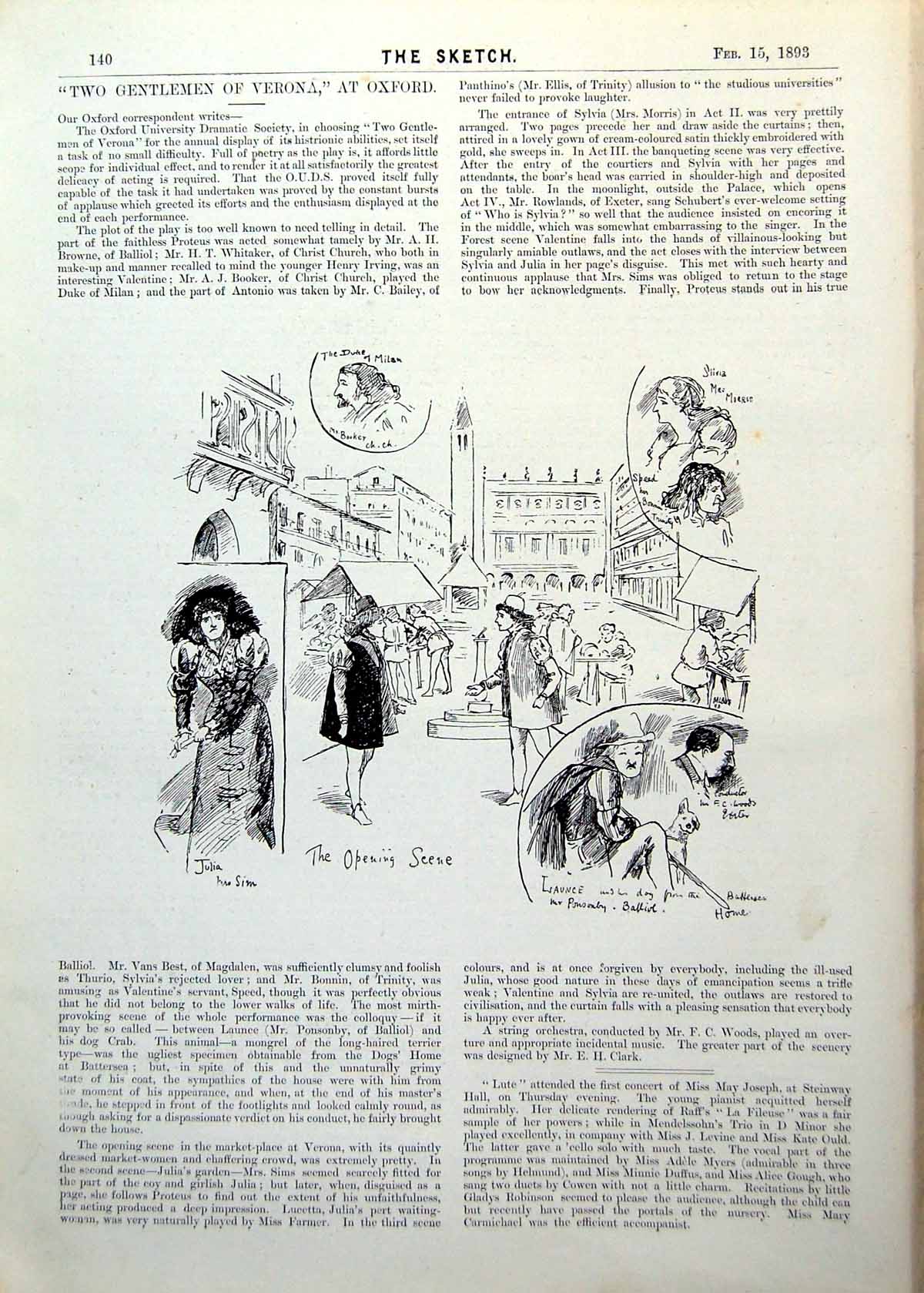 Antique Old Print Two Gentlemen Verona Oxford Opening Scene Julia Launce 1893