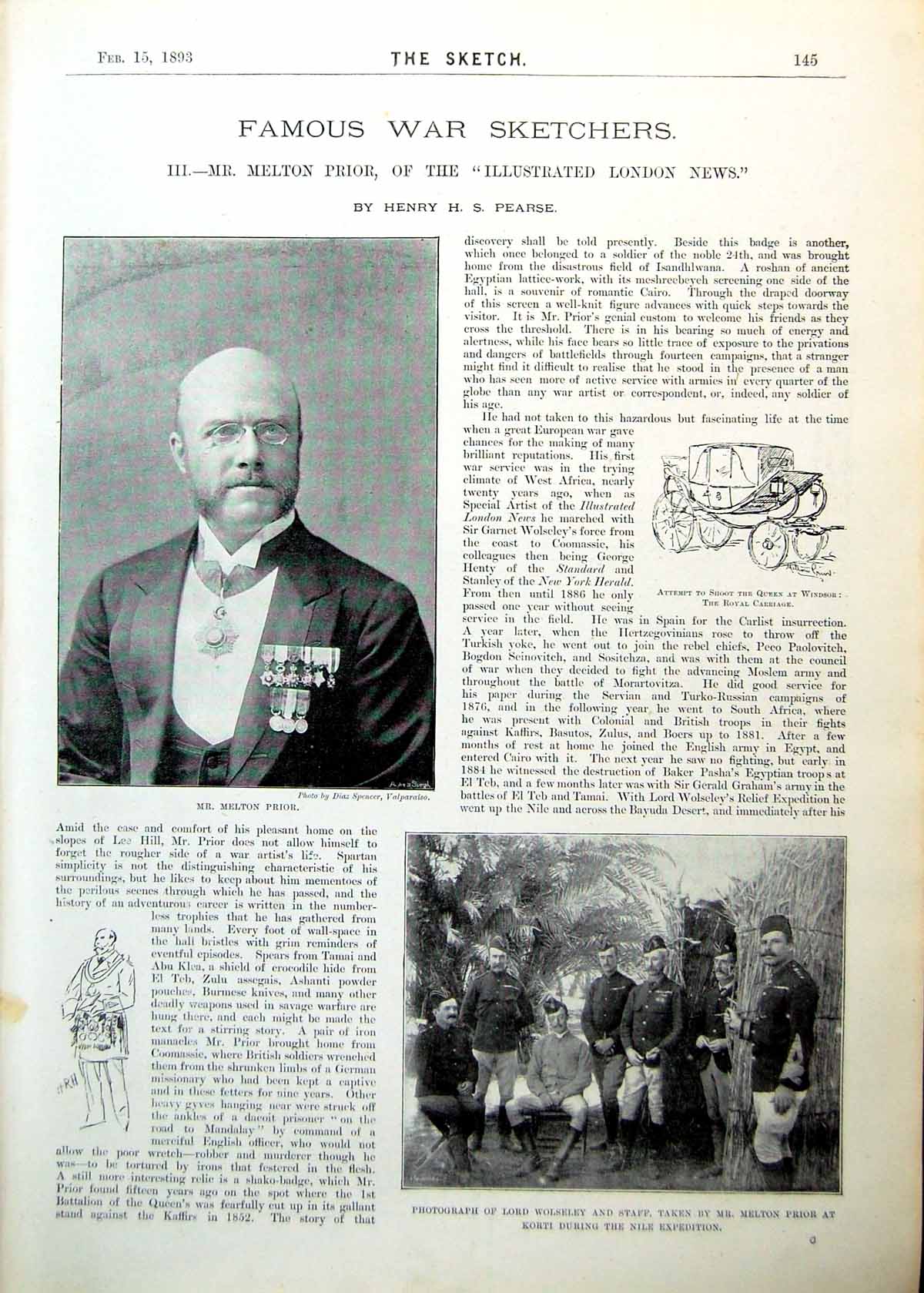 Antique Old Print War Sketcher Melton Prior Lord Wolseley Turkish Notes 1893