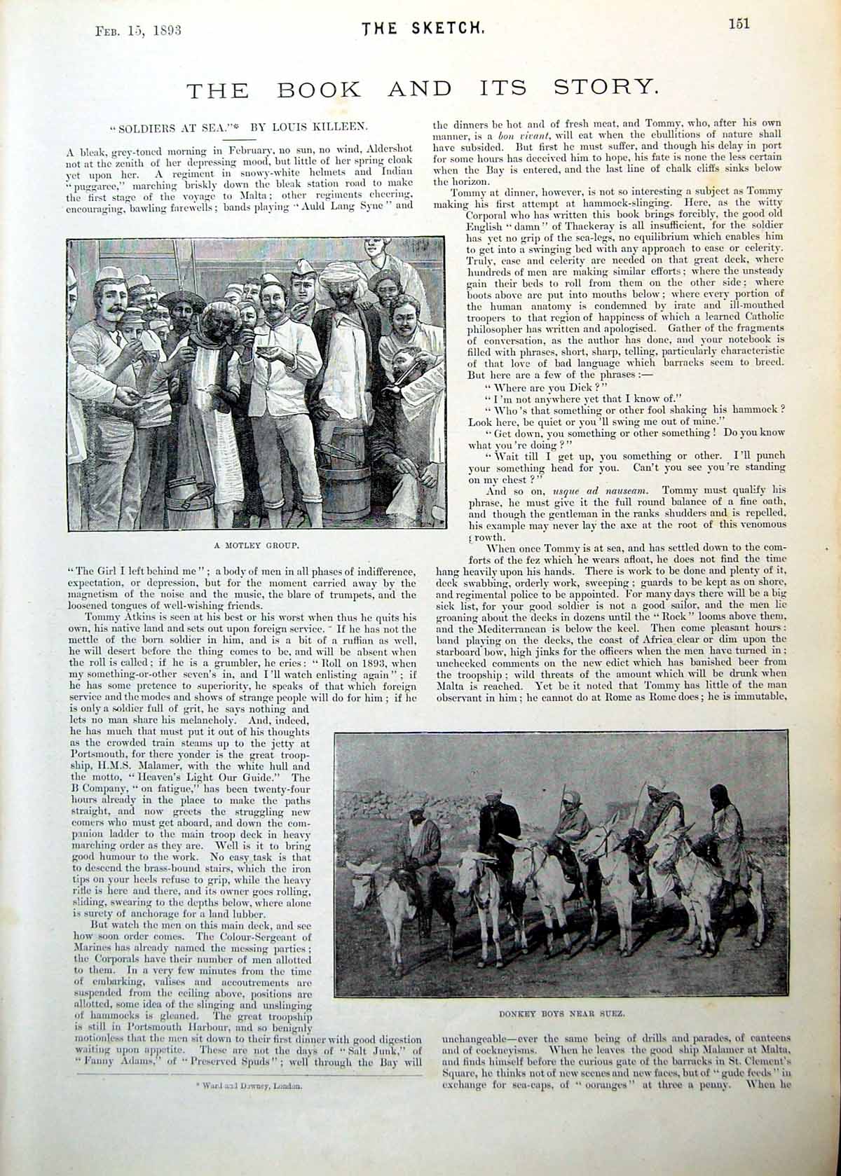 Antique Old Print Donkey Boys Near Suez Coaling Off Valetta Uniforms 1893 19th