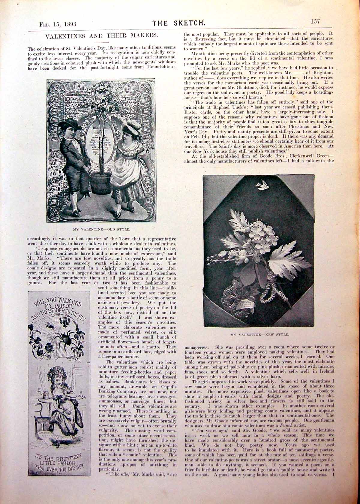 Old Antique Print Valentines Makers New Styles Floral Motifs Humour 1893 19th