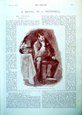 Antique Old Print Man Brooding Seated Cigar Talking To Lady Standing 1893 19th