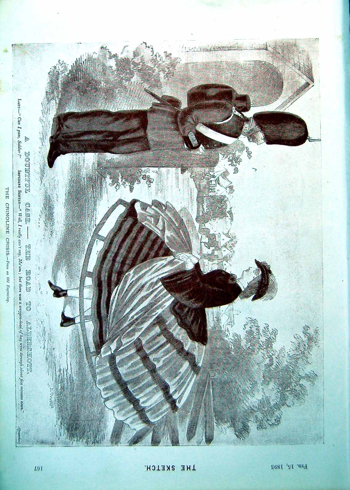 Antique Print Lady Crinoline Dress Impudent Sentry Spanish Gipsy Cape 1893