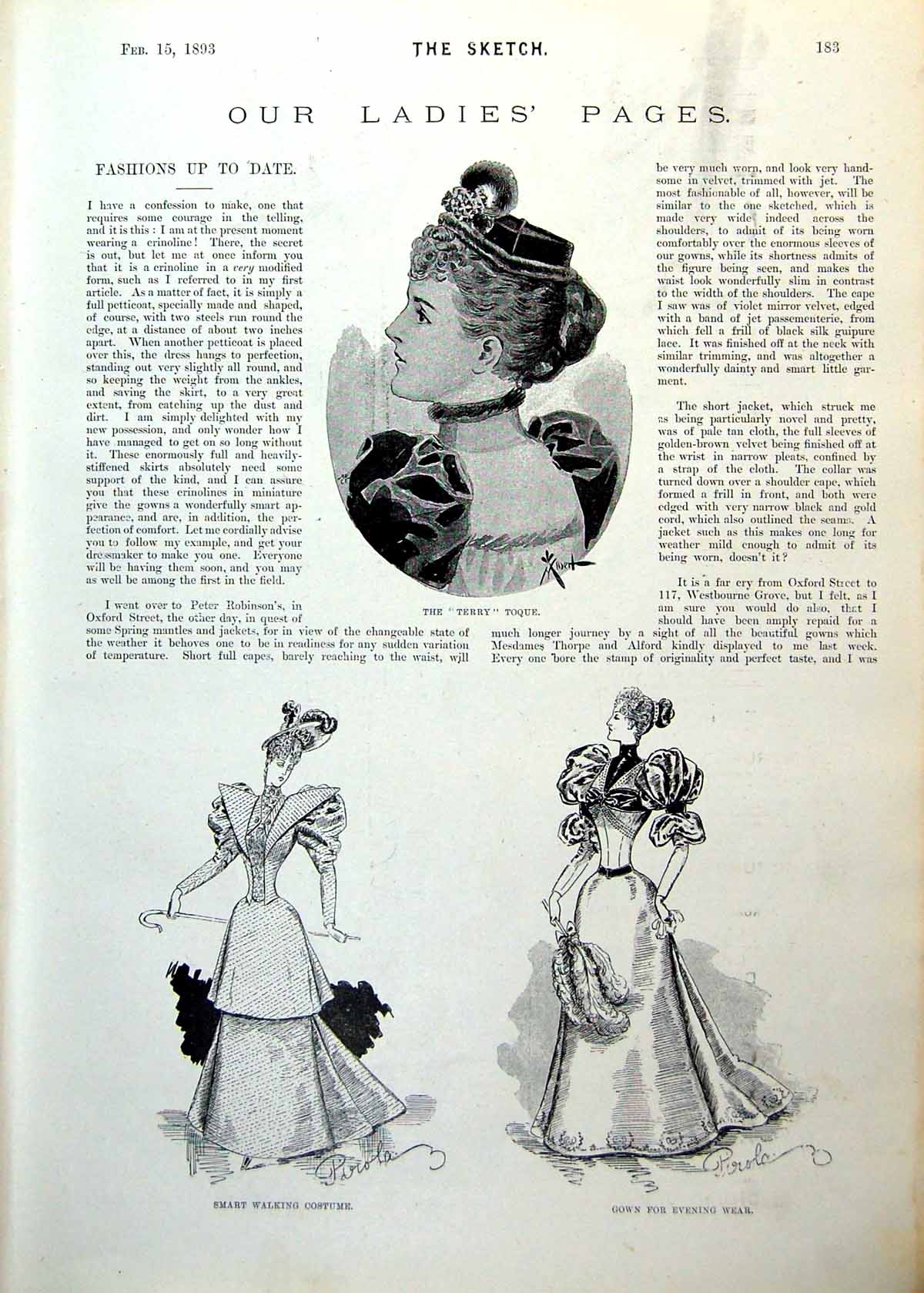 Old Antique Print Ladies Page Terry Toque Walking Costume Hats Cape 1893 19th