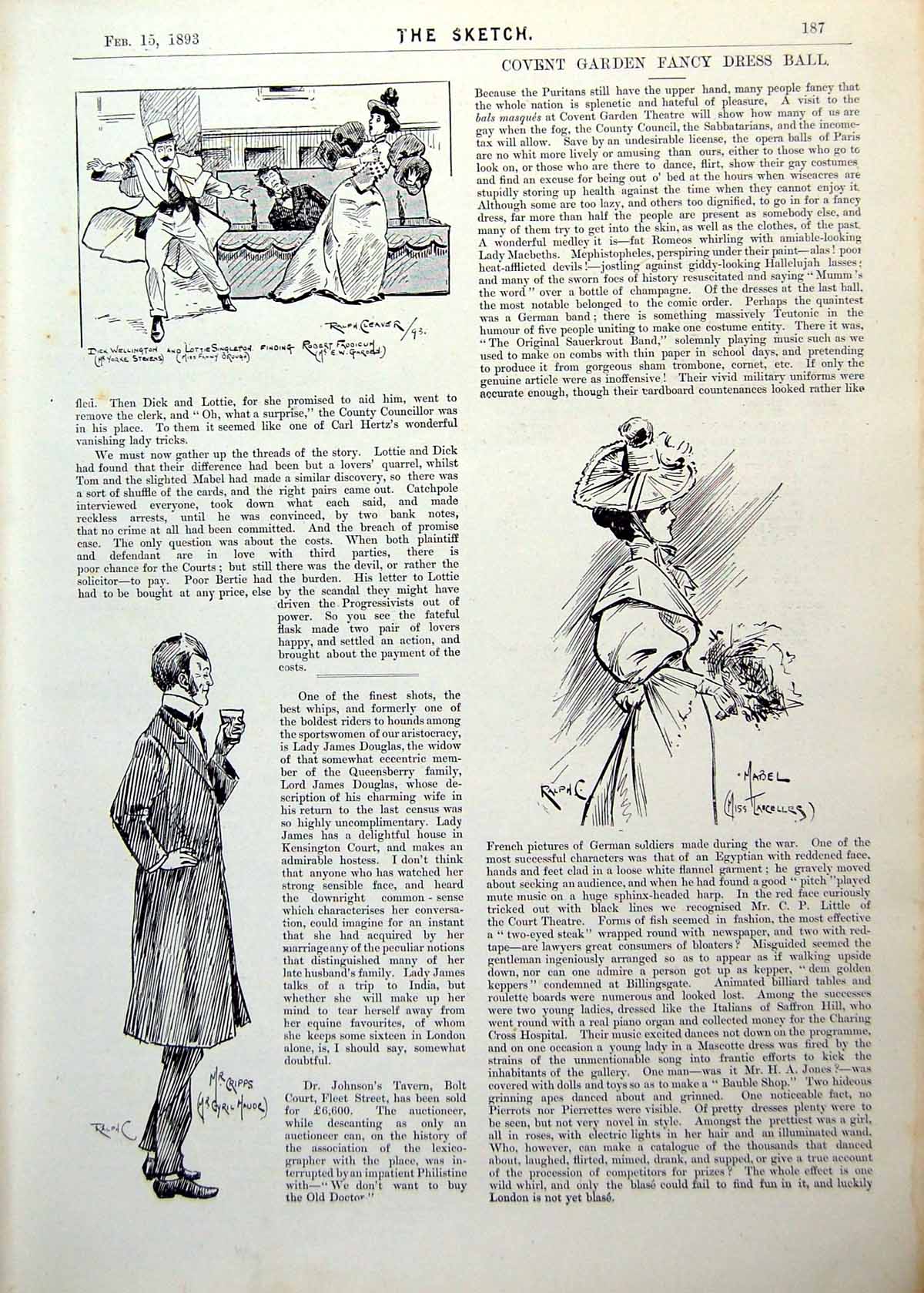 Antique Old Print Ralph Cleaver Drawing Dick Wellington Lottie Singleton 1893