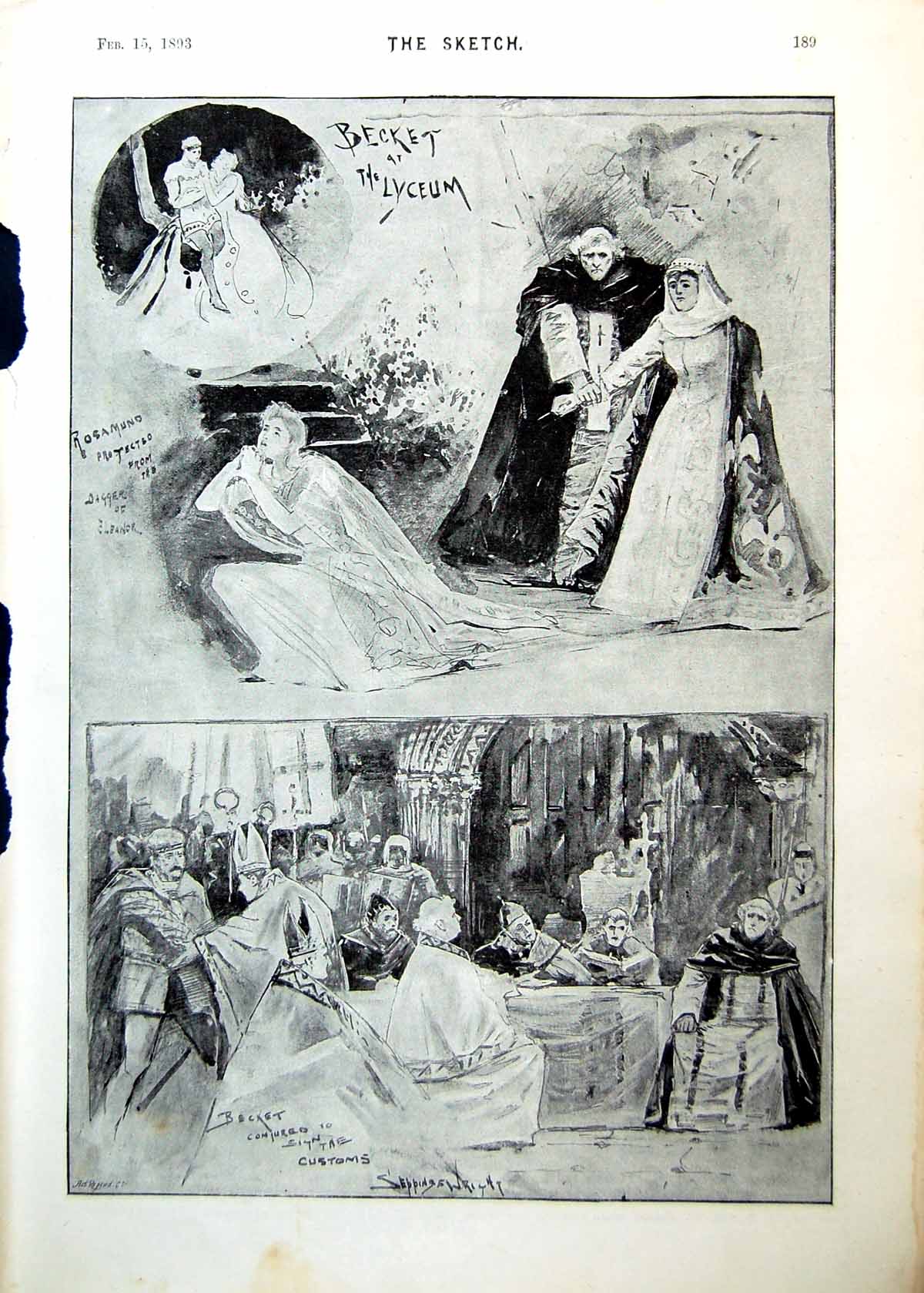 Antique Old Print Becket Lyceum Scenes Play Rosamund Protected Dagger 1893 19th
