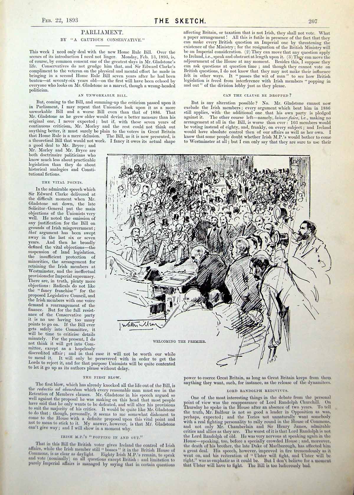 Original Old Antique Print Welcoming The Premier Packed Houses Parliament 1893
