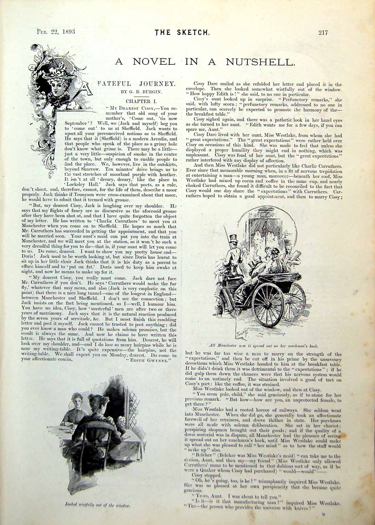 Antique Old Print Fateful Journey Sketches Horse Carriage Lady Gents 1893 19th