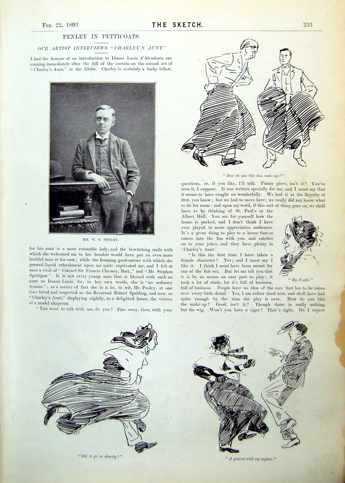 Antique Old Print Penley Charlie'S Aunt Portrait Sketches Scenes Globe 1893