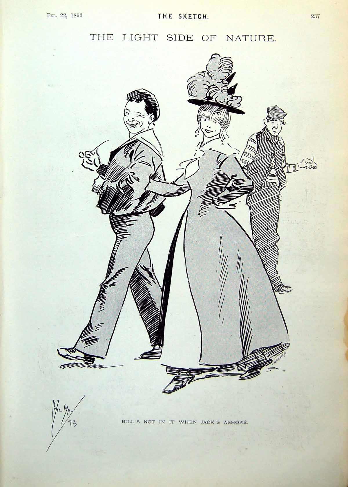 Antique Print Lass Walking Out With Sailor Ashore Problems Crinoline 1893 19th