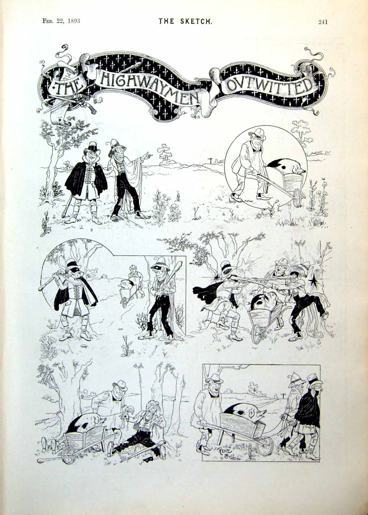 Antique Old Print Highwaymen Outwitted Man Pig Wheelbarrow Rhinoceros 1893