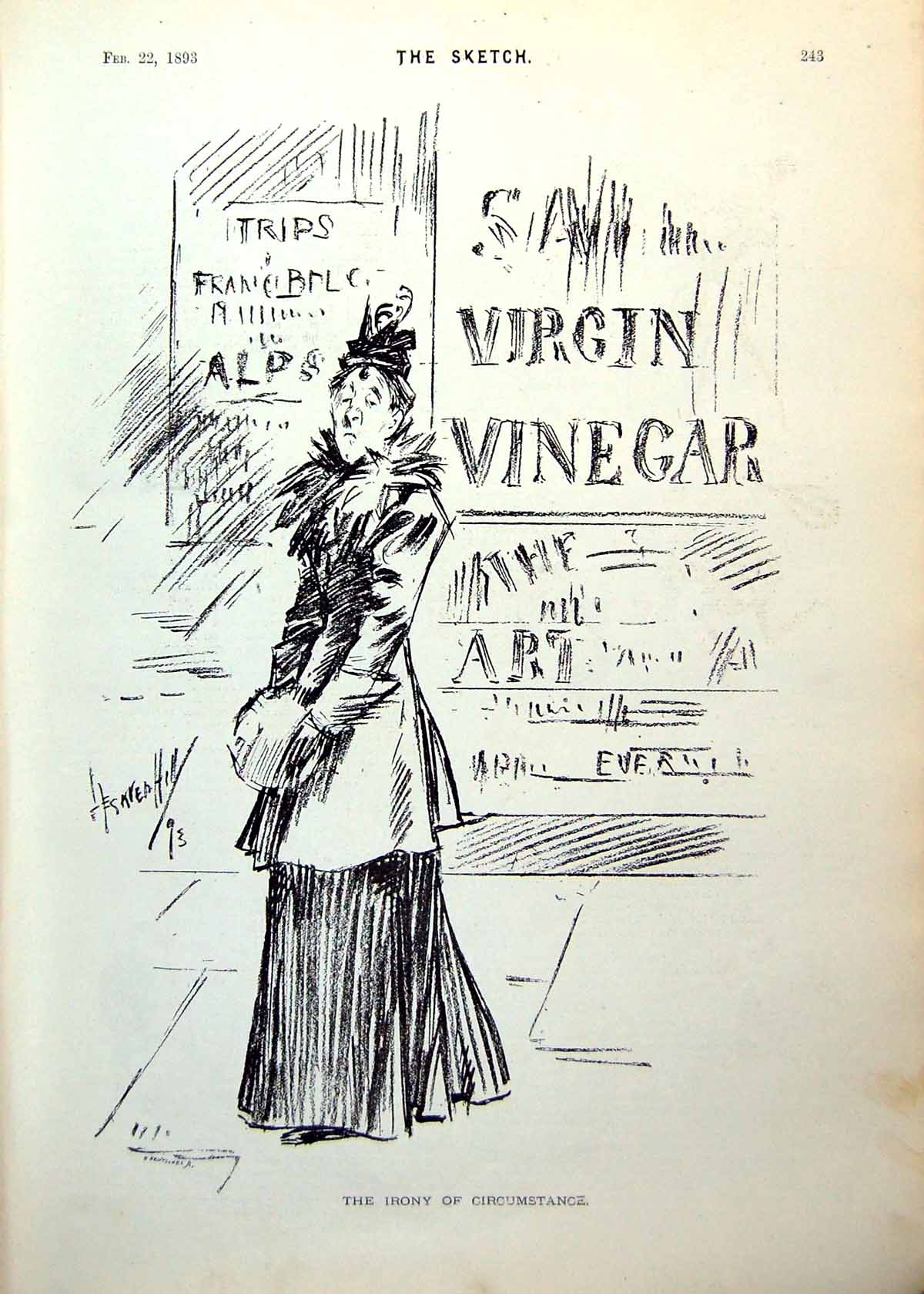 Old Print Virgin Vinegar Sour Faced Woman Irony Flight Play Terry'S 1893 19th