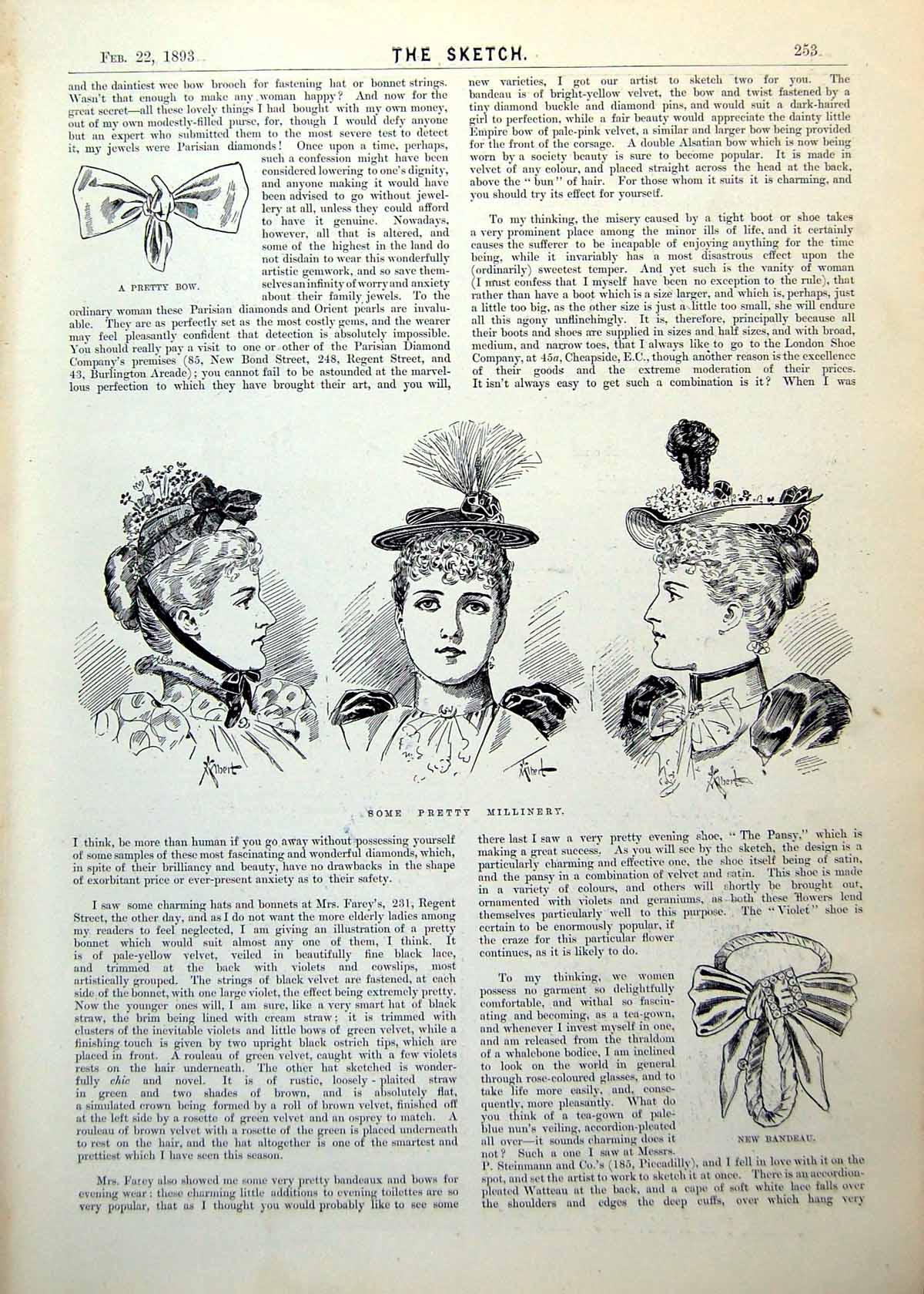Antique Print Pretty Millinery Bow Bandeau Pansy Shoe Tea-Jacket Gown 1893