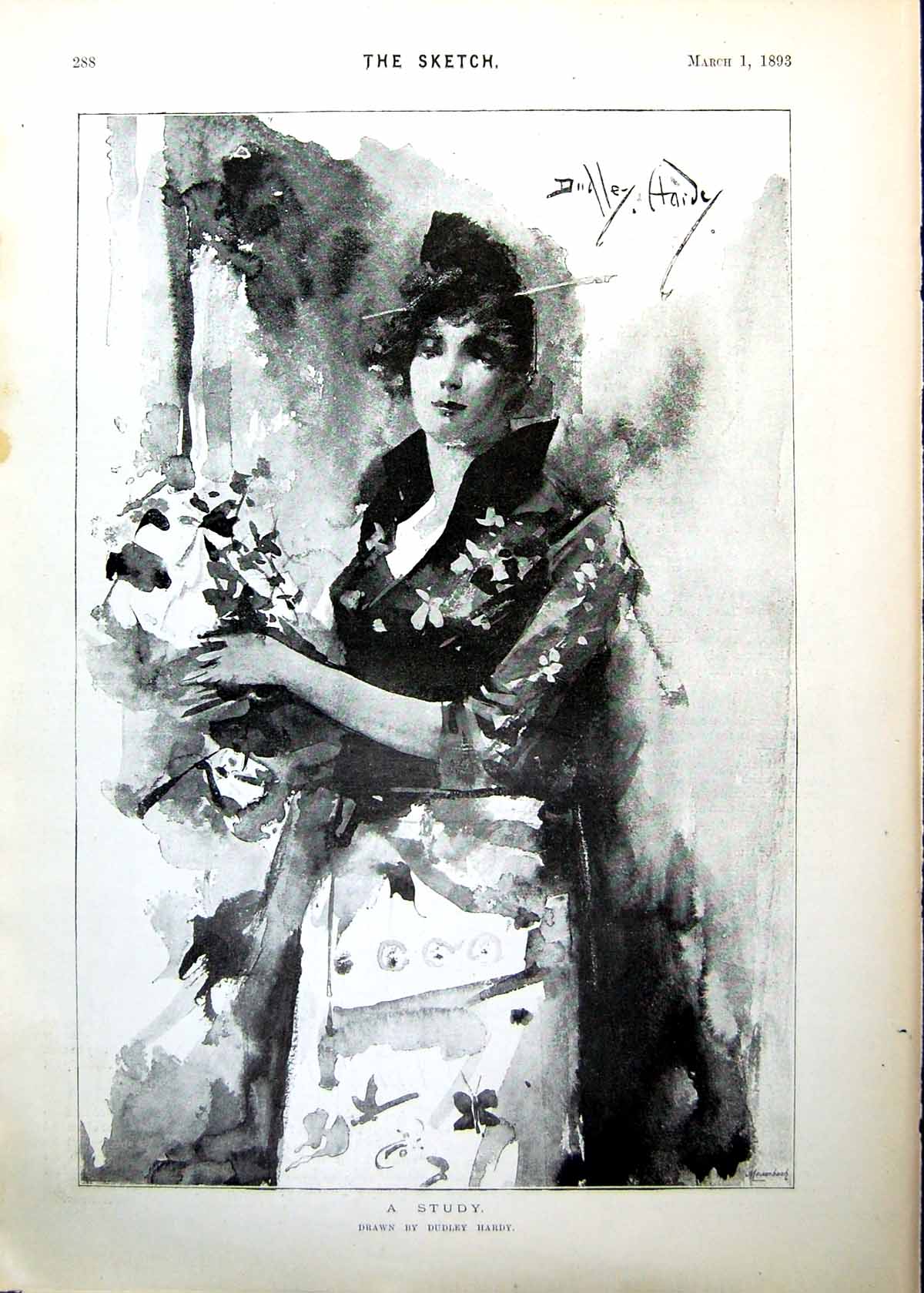 Antique Old Print Study Beautiful Woman Standing Flowers Dudley Hardy 1893 19th