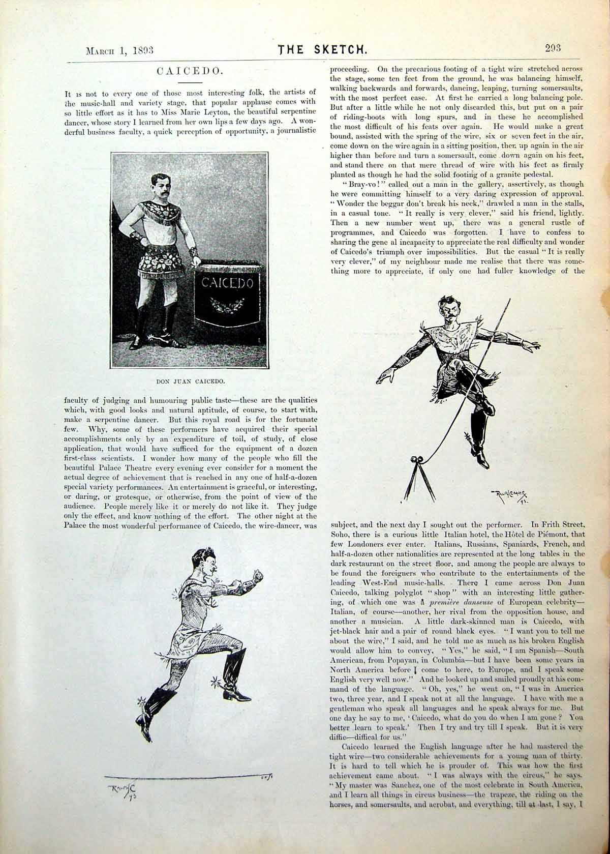 Antique Old Print Caicedo Don Juan Portrait Action Balancing Leaping 1893 19th
