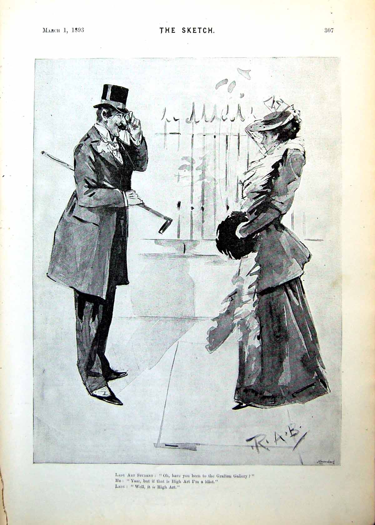 Antique Old Print Rab Drawing Lady Art Student Discussion Gent High Art 1893