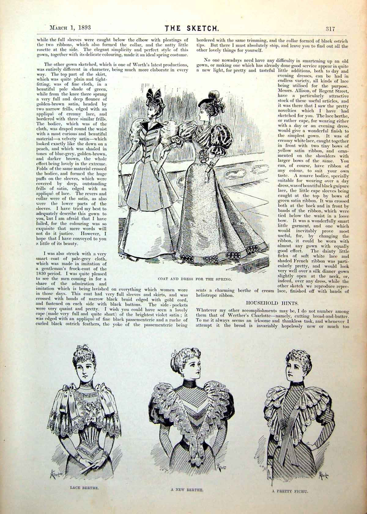 Antique Old Print Coat Dress Spring Lace Berthe Pretty Fichu Lady Models 1893
