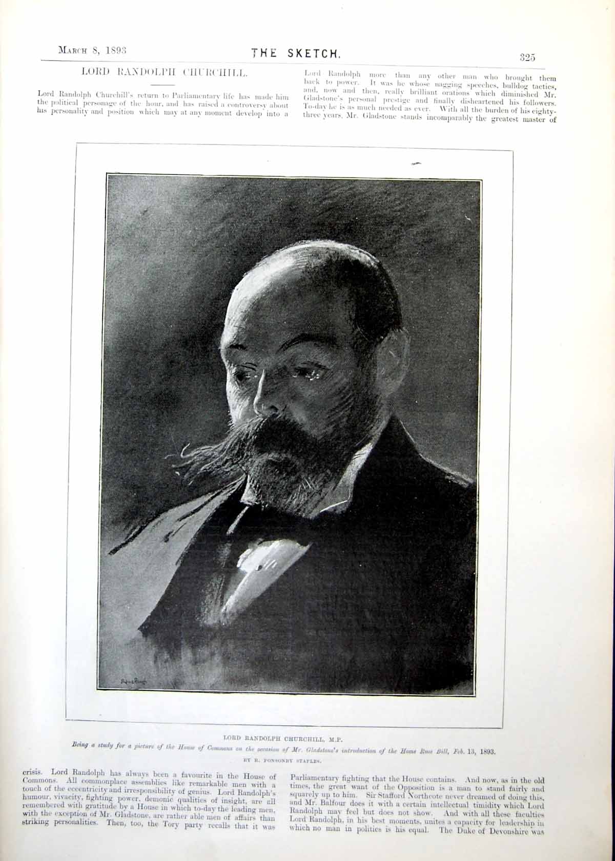 Antique Old Print Lord Randolph Churchill Study Picture House Commons 1893 19th