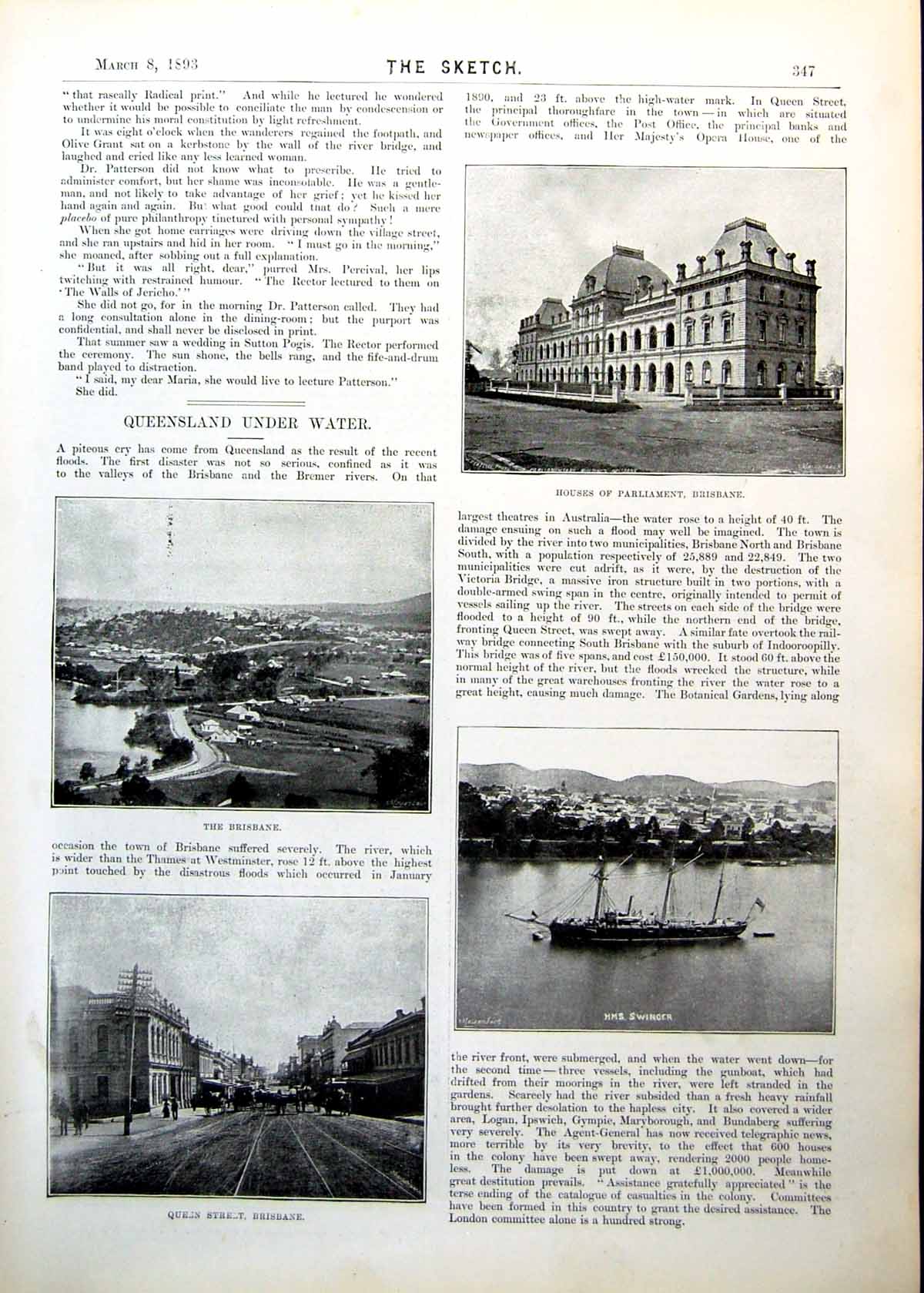 Antique Old Print Queensland Under Water Brisbane Floods Book Rabelais 1893