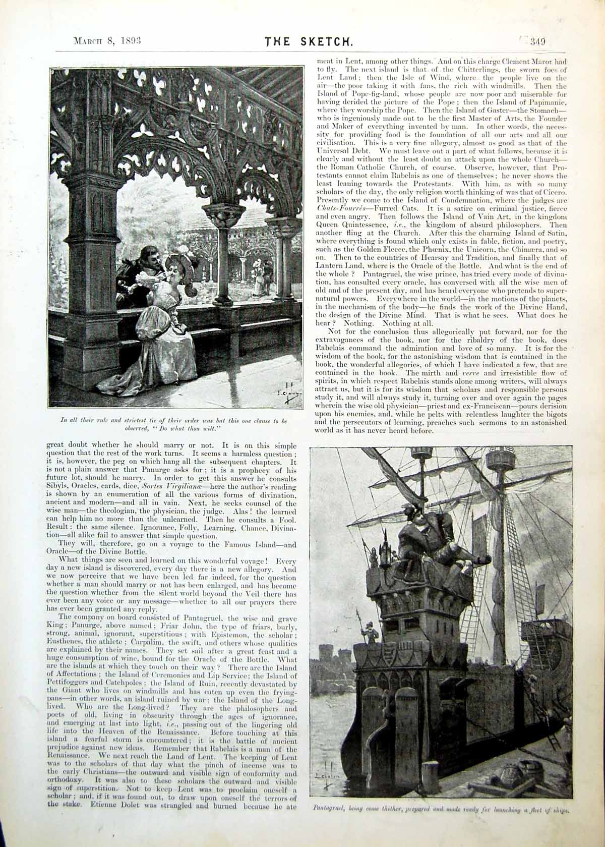 Antique Old Print Rabelais Man Woman Arches Ship Earl Compton Sketches 1893