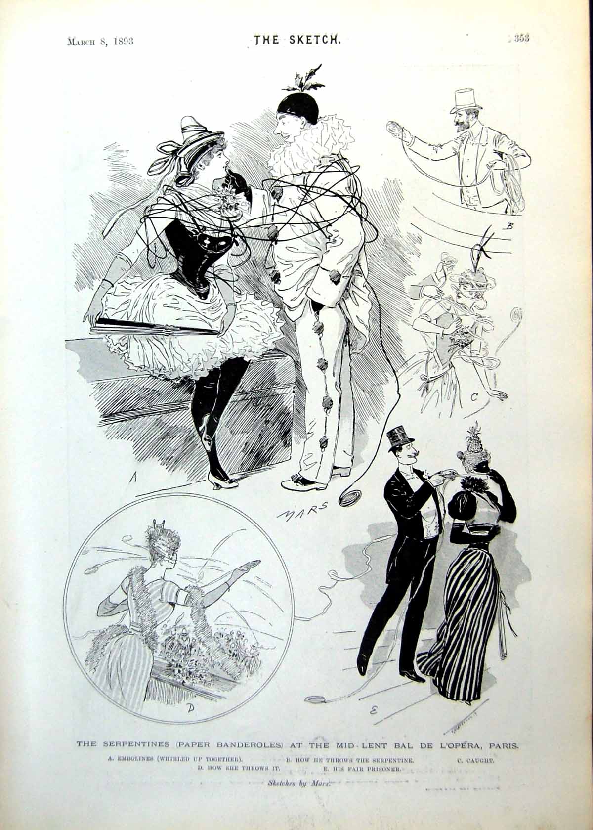 Old Print Serpentines Paper Banderoles Ball Paris Perseverance Carp 1893 19th