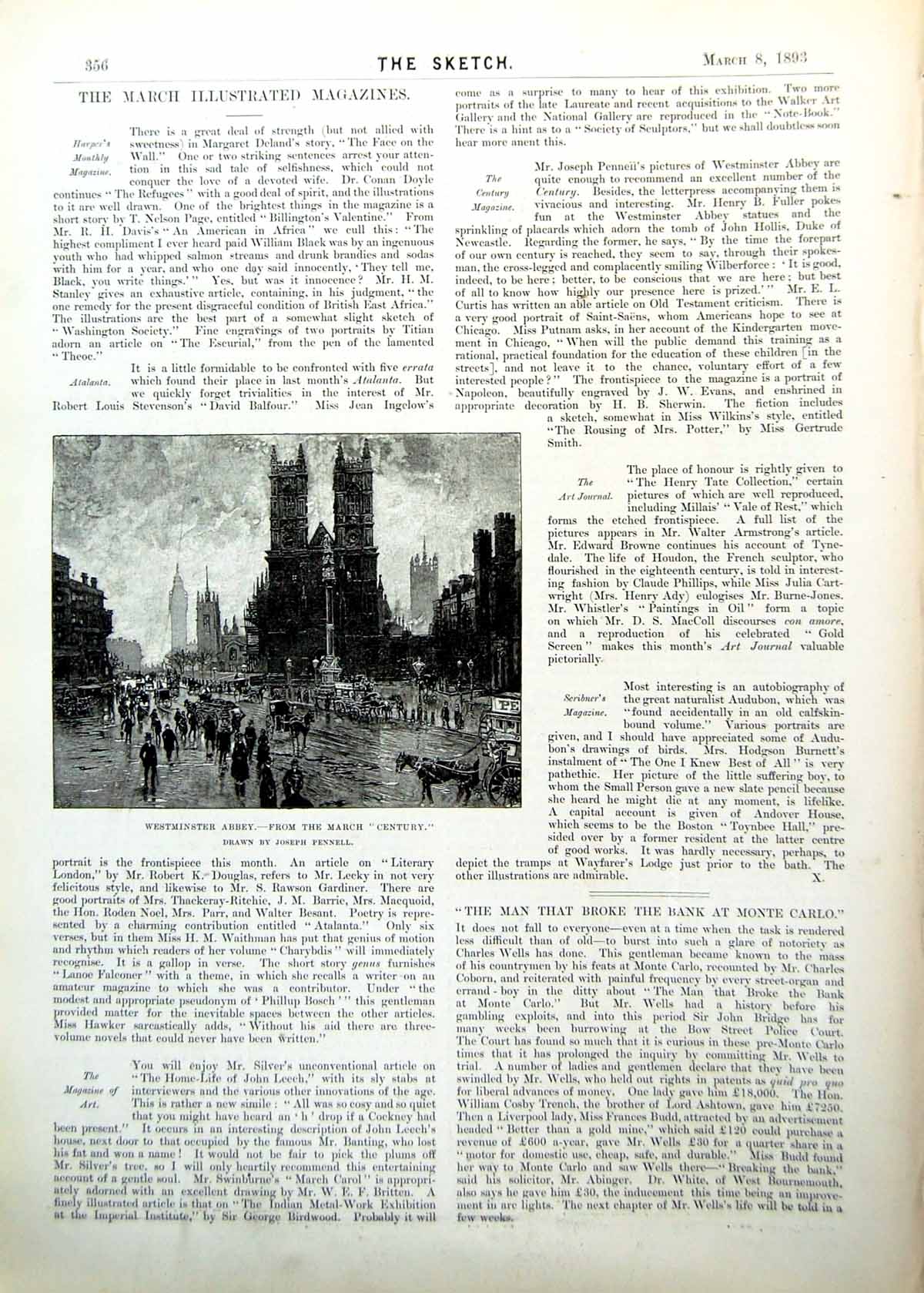 Antique Old Print Westminster Abbey From March Century Joseph Pennell 1893 19th