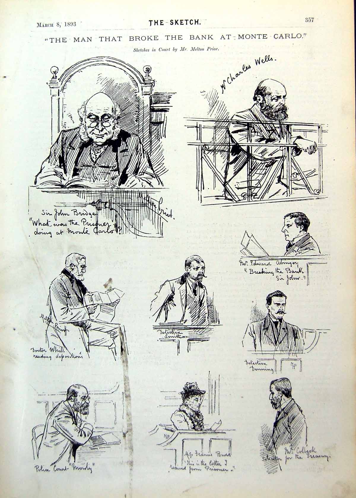 Antique Old Print Man Broke Bank Monte Carlo Sketches Court Melton Prior 1893