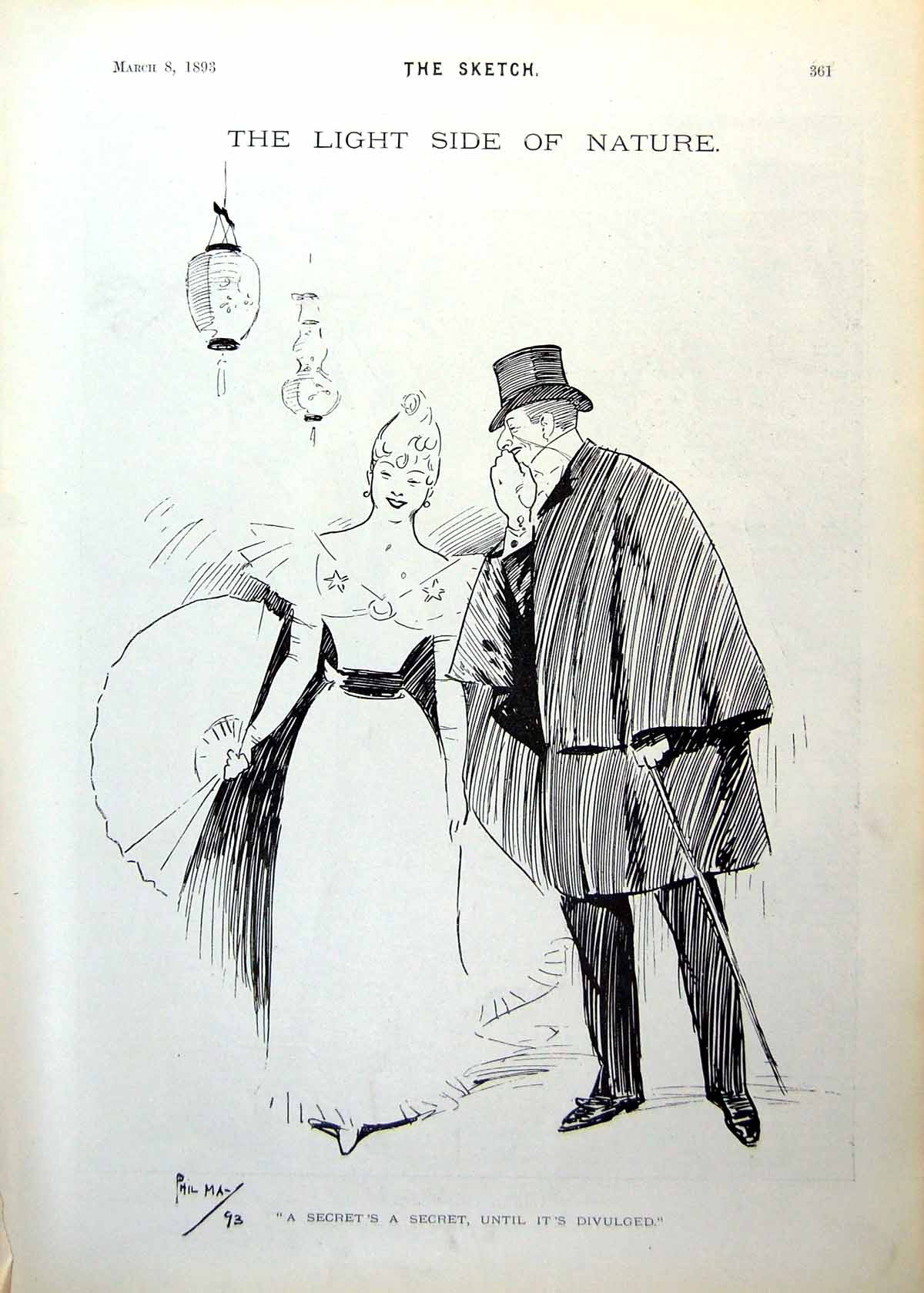 Old Print Man Lady Sharing Secret Phil May Dance Ballet Dress Love 1893 19th