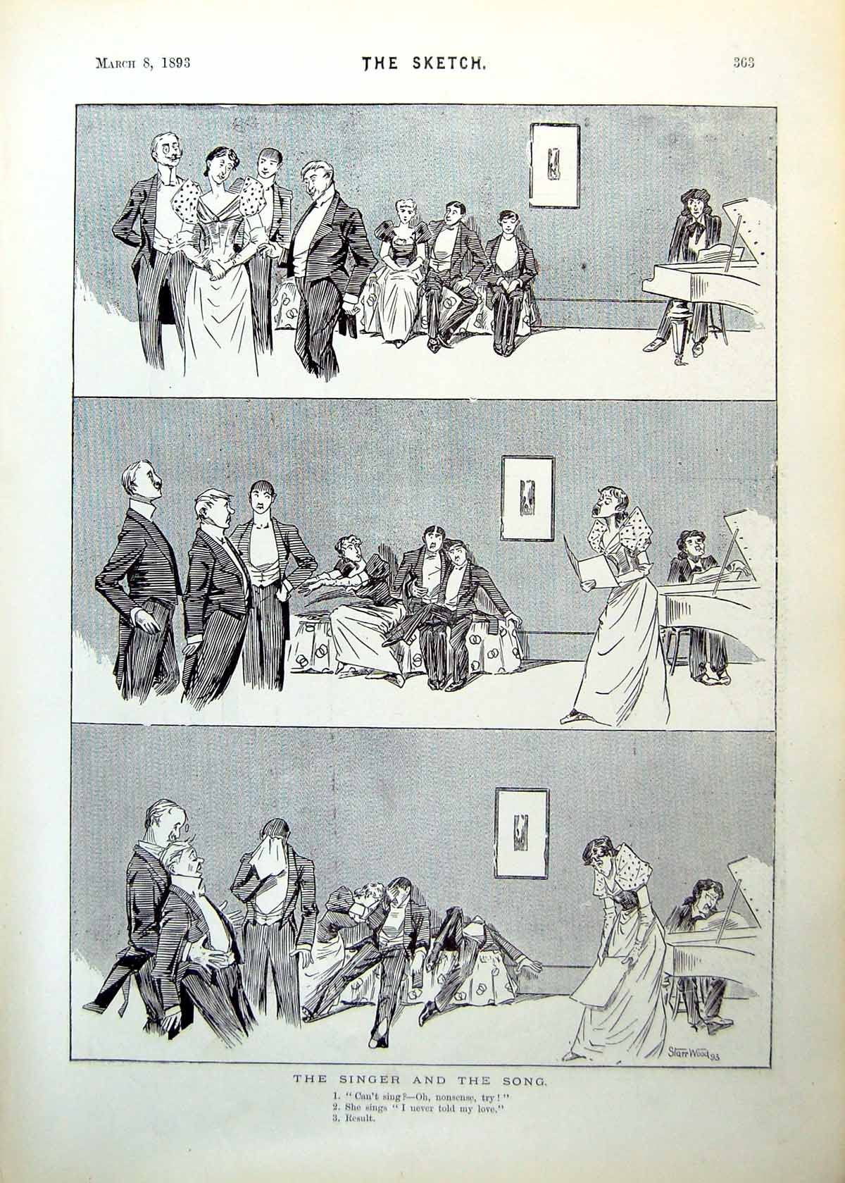 Antique Print Lady Persuaded To Sing For Gentlemen Disaster Two Hats 1893 19th