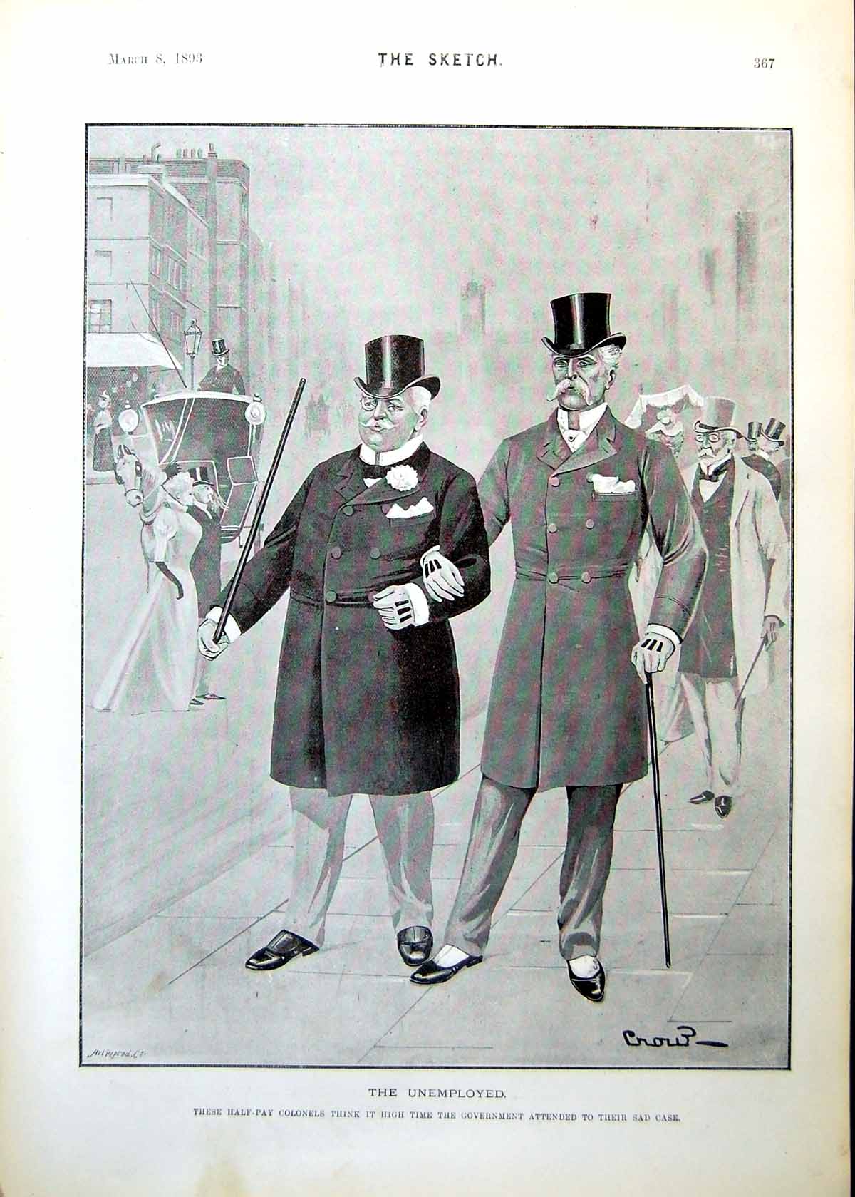 Antique Print Half-Pay Colonels Govenment Should Help Street Musician 1893