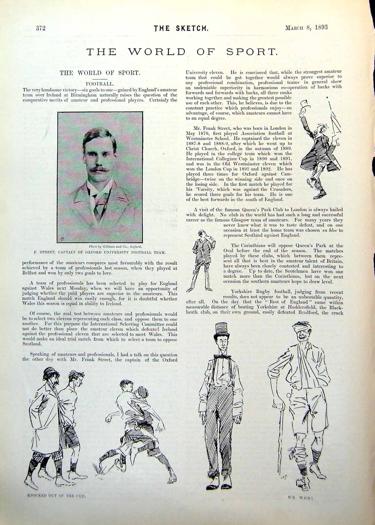 Old Print F Street Captain Oxford Universtiy Football Team Sketches 1893 19th