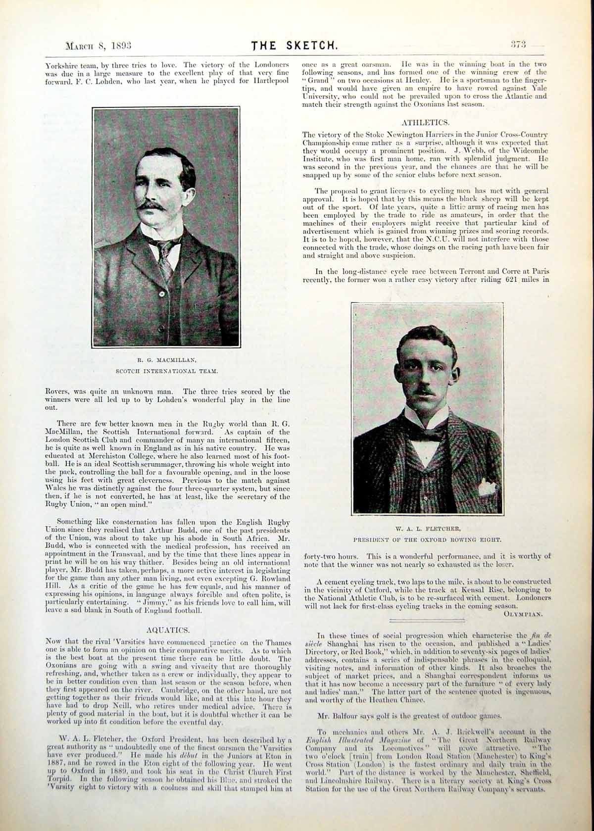 Antique Old Print Macmillan Scots Rugby Fletcher Oxford Eight Ellesmere 1893