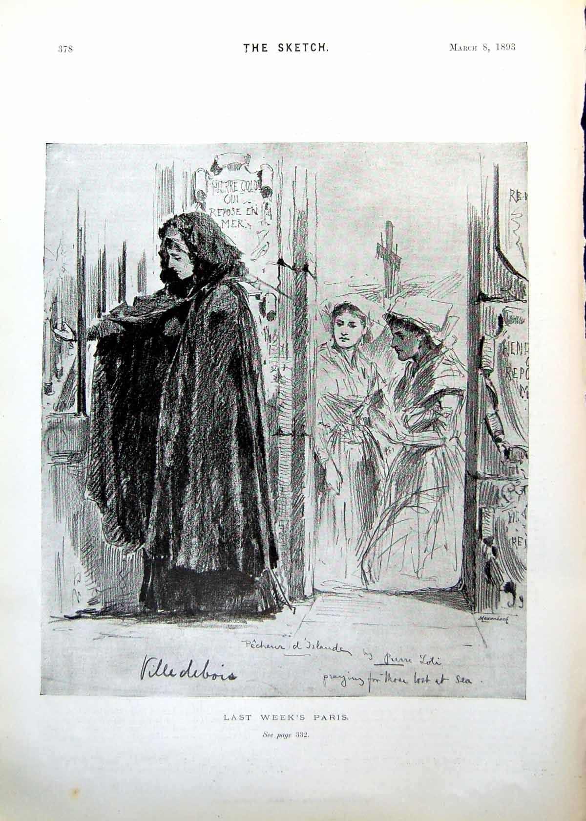 Old Print Last Week'S Paris Praying For Those Lost At Sea Lady Black 1893 19th
