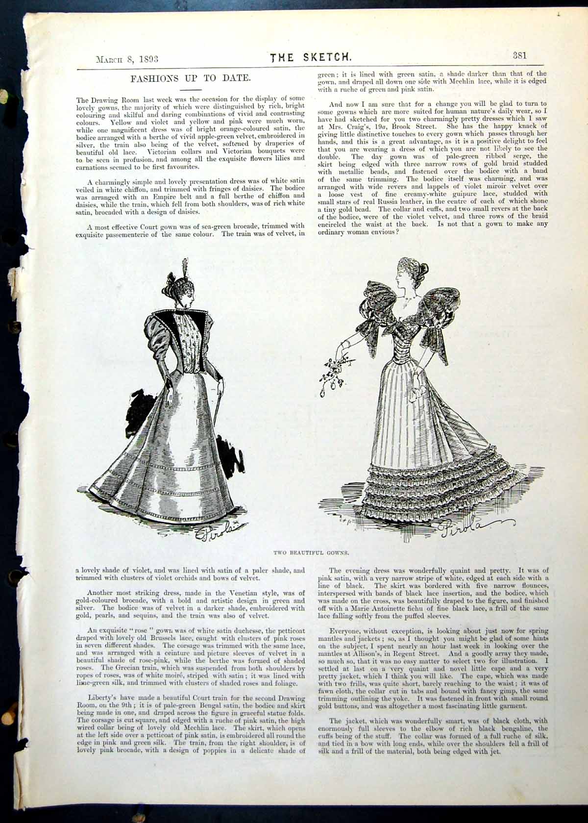 Old Antique Print Fashions Beautiful Gowns Cape Jacket WaterproHat 1893 19th